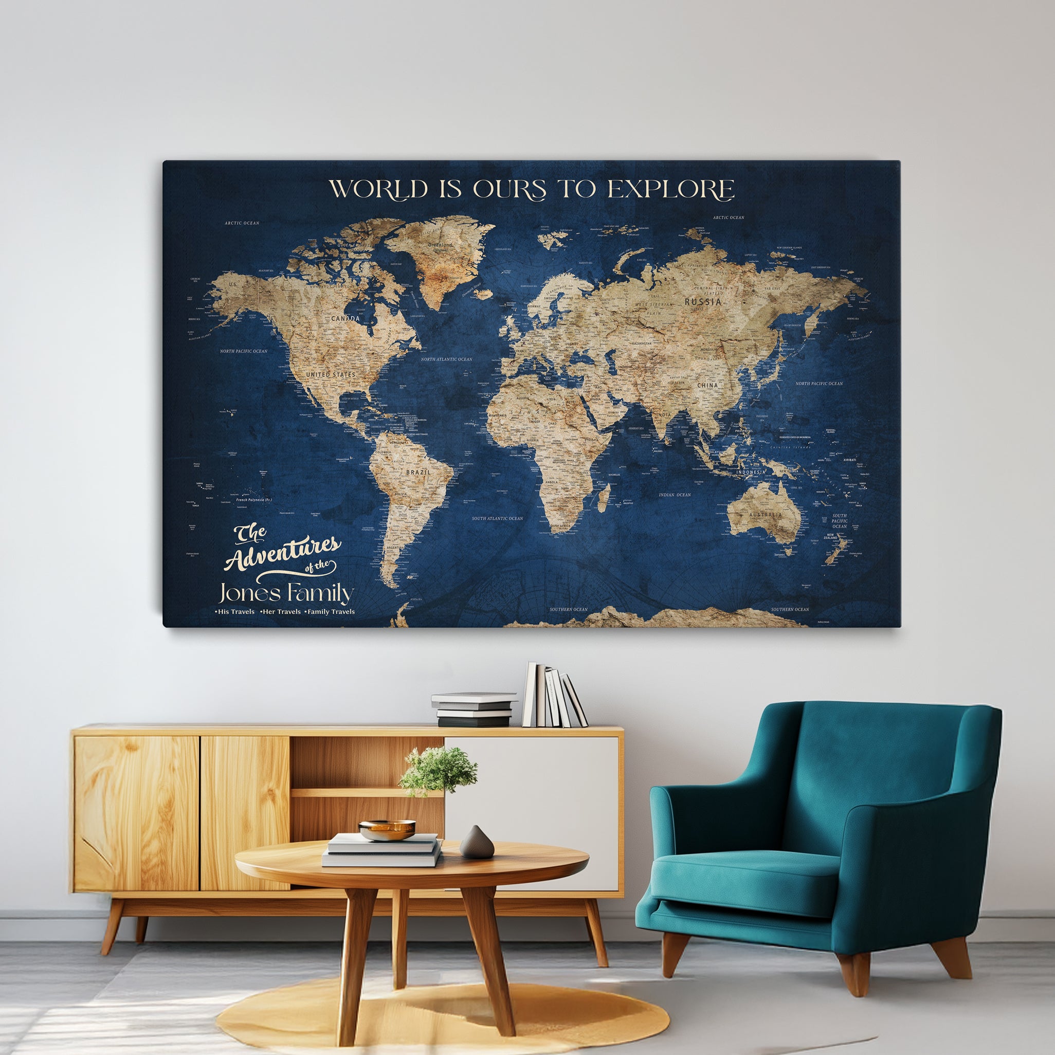 56122A-MGV-CV-36X24 - Customizable Push Pin World Map Canvas Print Foam Cork Pin Include, Custom Travel Tracker Map Framed Wall Art Gift for Couples Family for Home, Office Decor