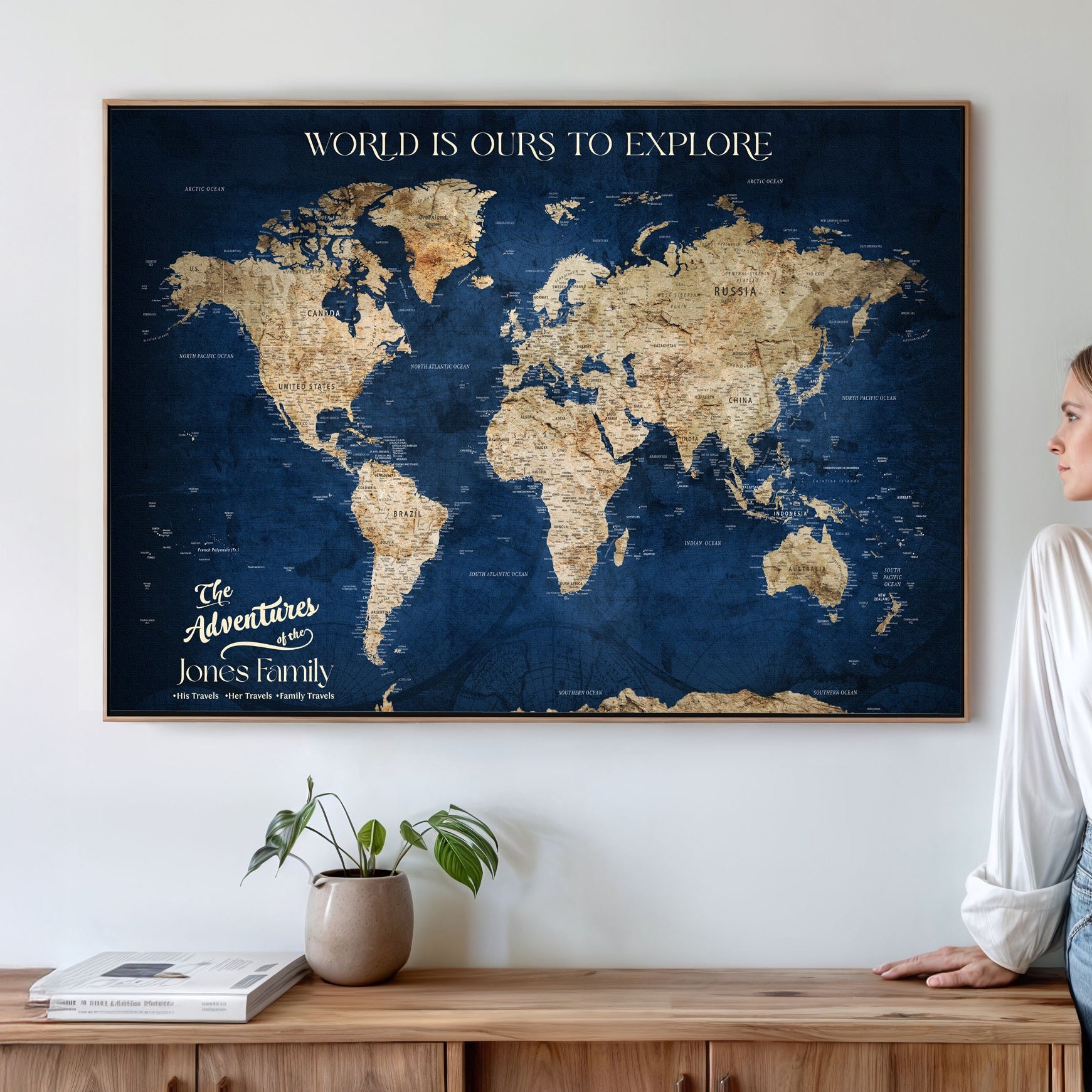 56122A-MGV-CV-36X24 - Personalized Push Pin World Map Canvas Print – Custom Couple Travel Tracker Wall Art, Framed Anniversary Gift for Home Decor