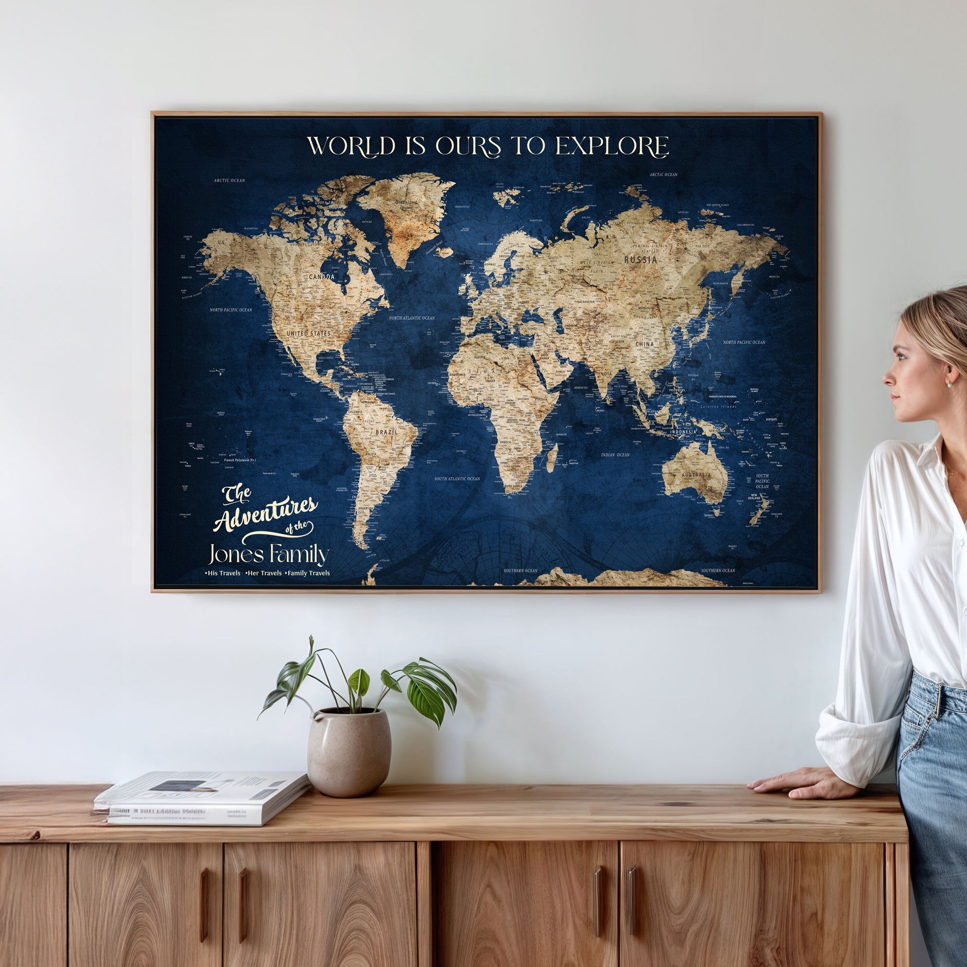 56122A-MGV-CV-36X24 - Customizable Push Pin World Map Canvas Print Foam Cork Pin Include, Custom Travel Tracker Map Framed Wall Art Gift for Couples Family for Home, Office Decor