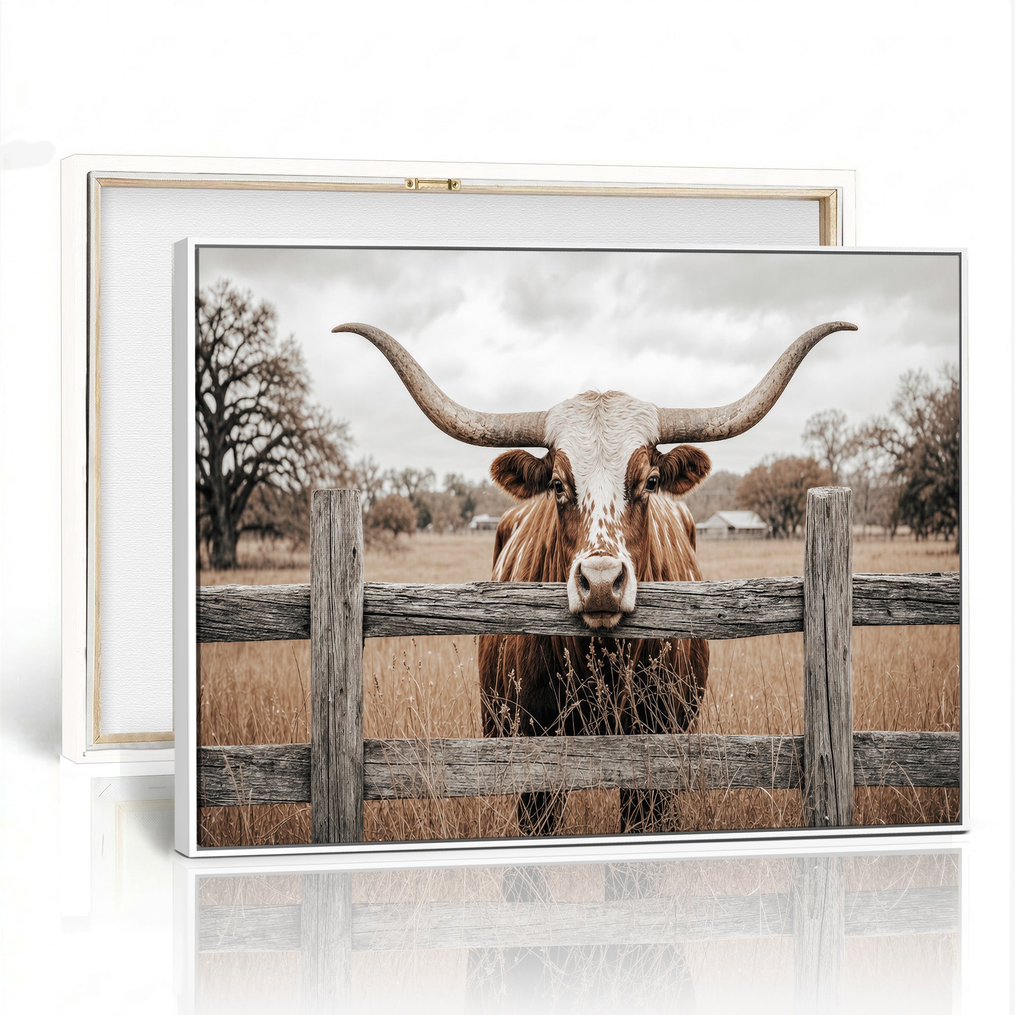 59378683N-MGV-CV-36X24 - Farmhouse Texas Longhorn Bull Canvas Wall Art, Western Ranch Cattle Photography Print, Rustic Barn Cowboy Decor Artwork