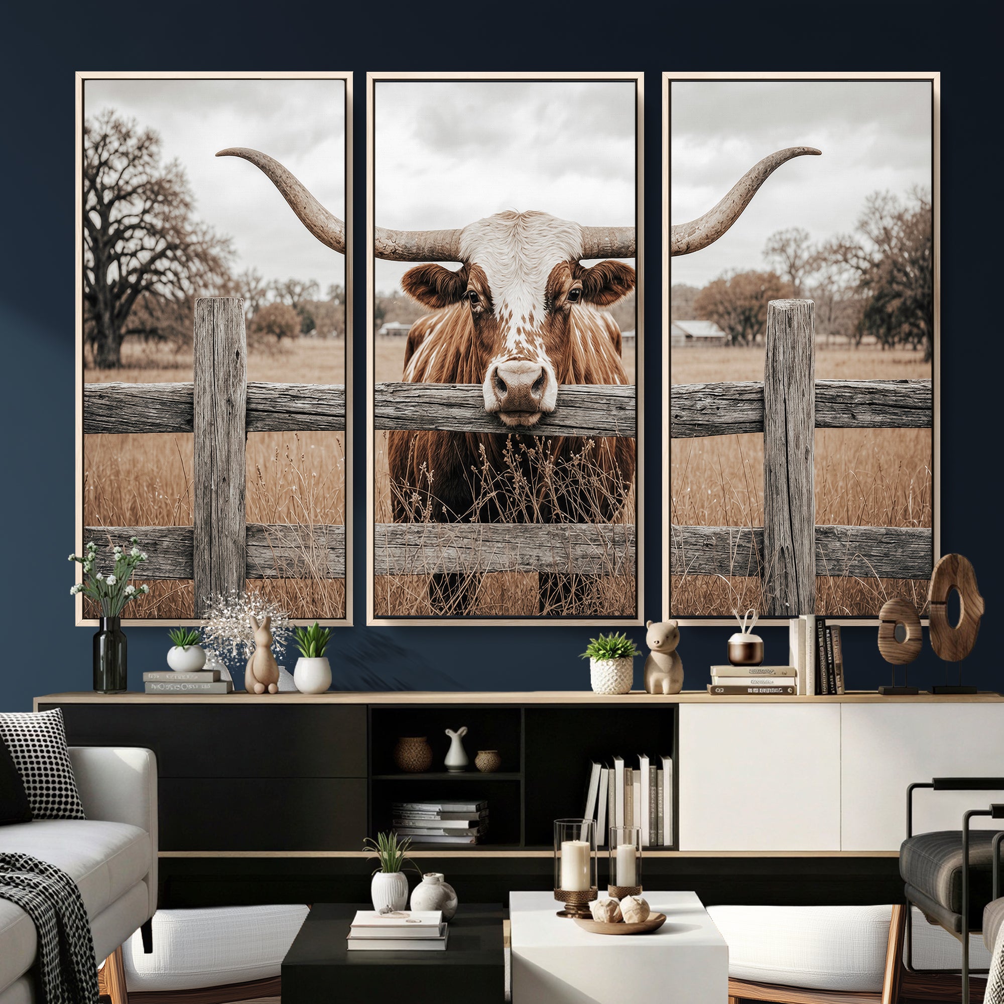 59378683N-MGV-CV-36X24 - Farmhouse Texas Longhorn Bull Canvas Wall Art, Western Ranch Cattle Photography Print, Rustic Barn Cowboy Decor Artwork