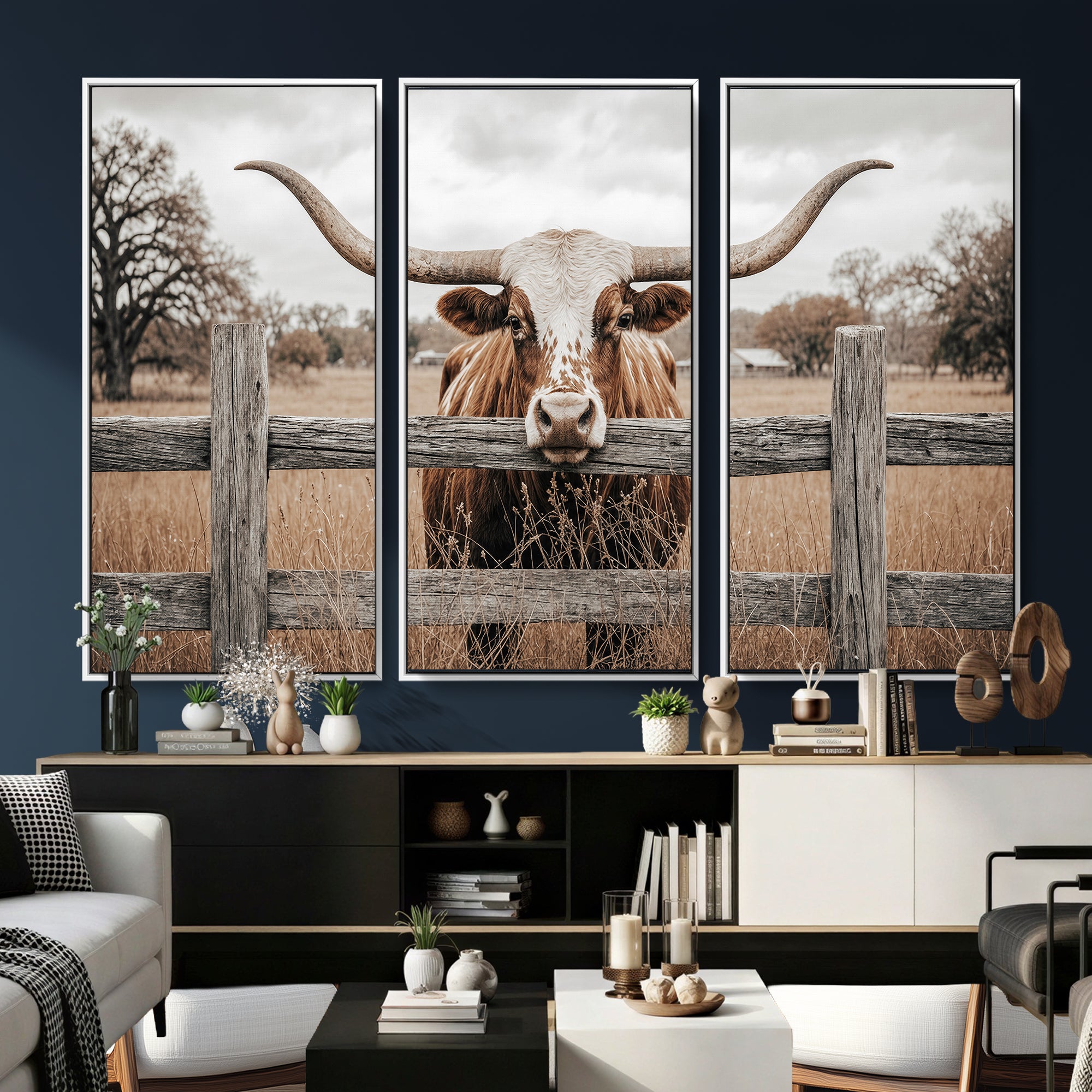 59378683N-MGV-CV-36X24 - Farmhouse Texas Longhorn Bull Canvas Wall Art, Western Ranch Cattle Photography Print, Rustic Barn Cowboy Decor Artwork