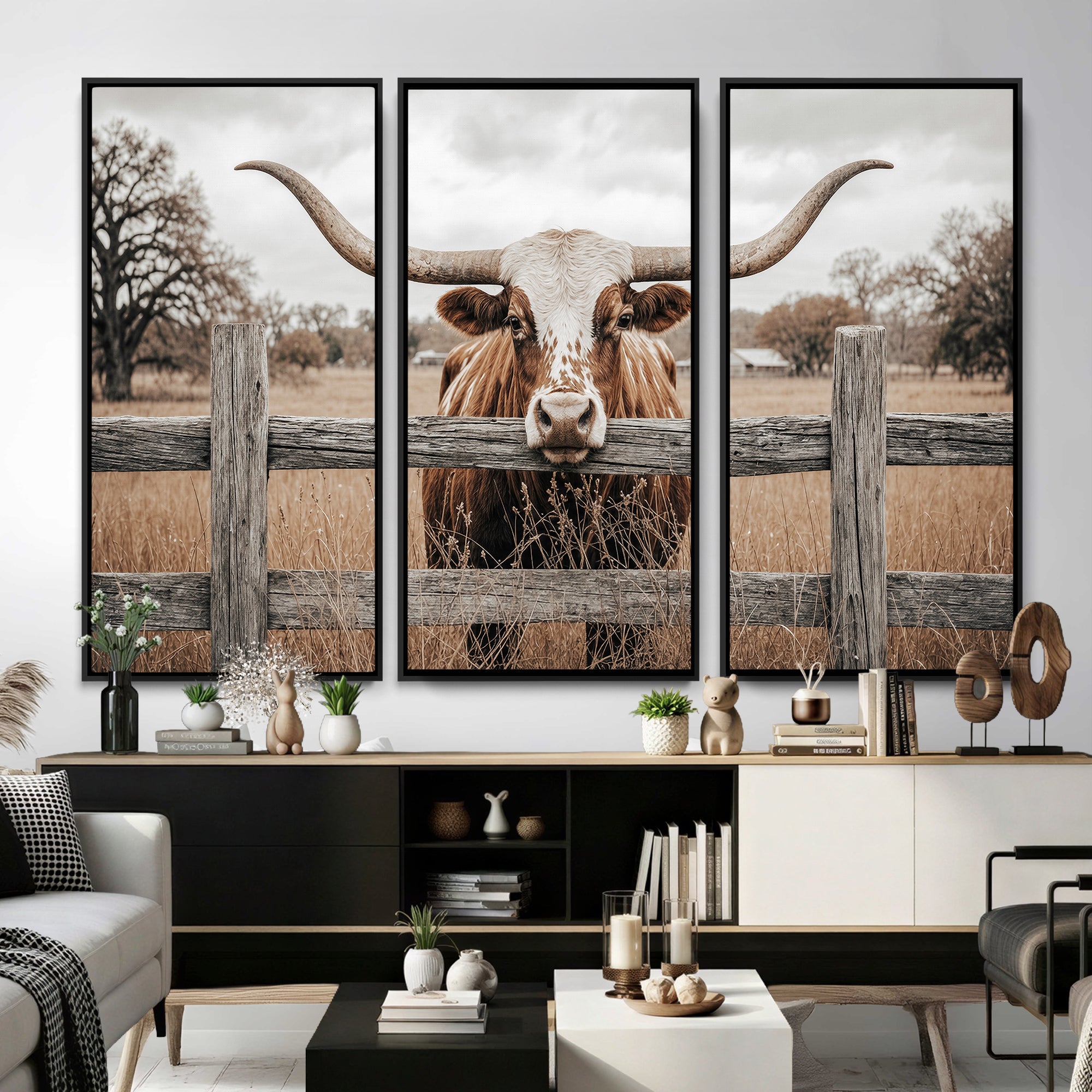 59378683N-MGV-CV-36X24 - Farmhouse Texas Longhorn Bull Canvas Wall Art, Western Ranch Cattle Photography Print, Rustic Barn Cowboy Decor Artwork