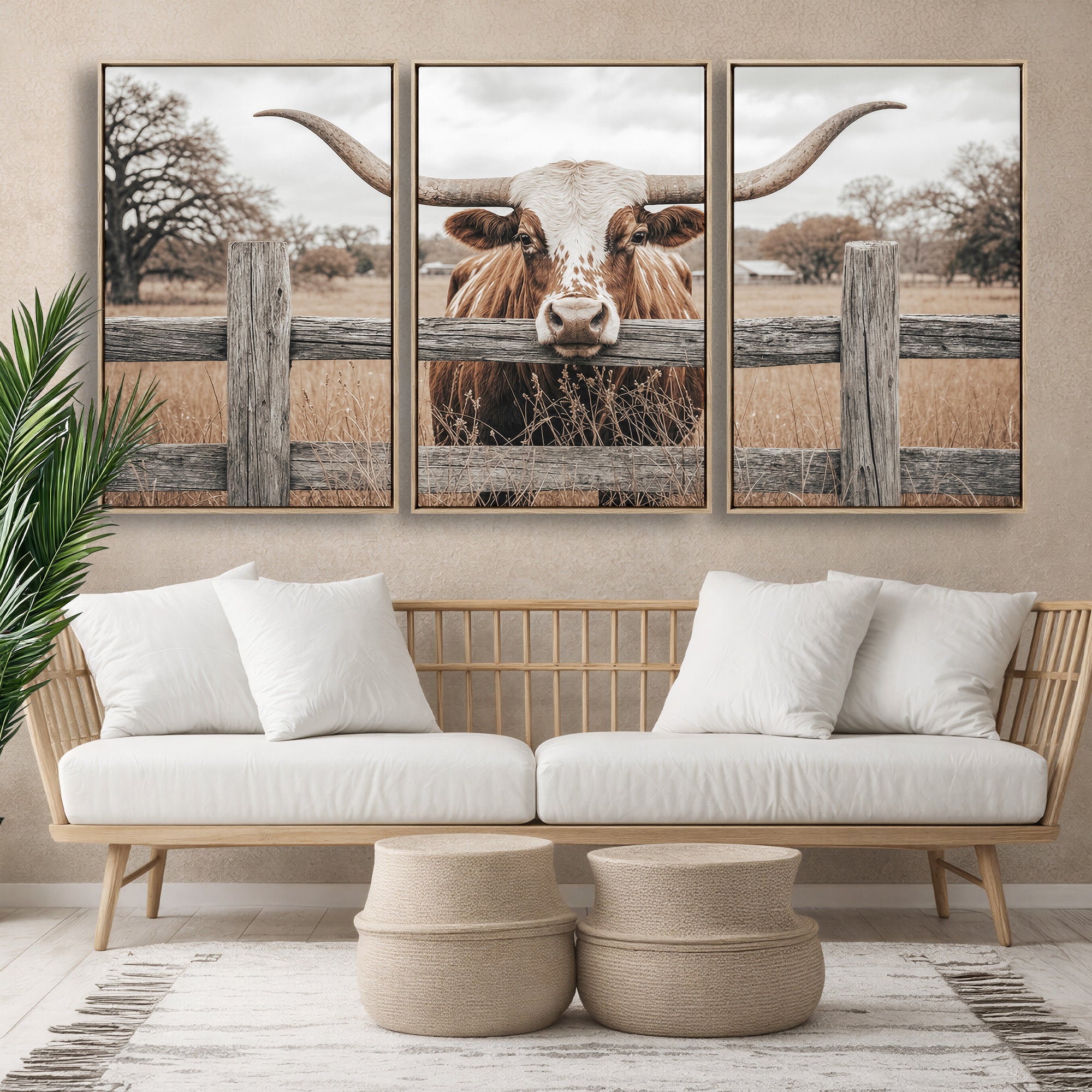 59378683N-MGV-CV-36X24 - Farmhouse Texas Longhorn Bull Canvas Wall Art, Western Ranch Cattle Photography Print, Rustic Barn Cowboy Decor Artwork