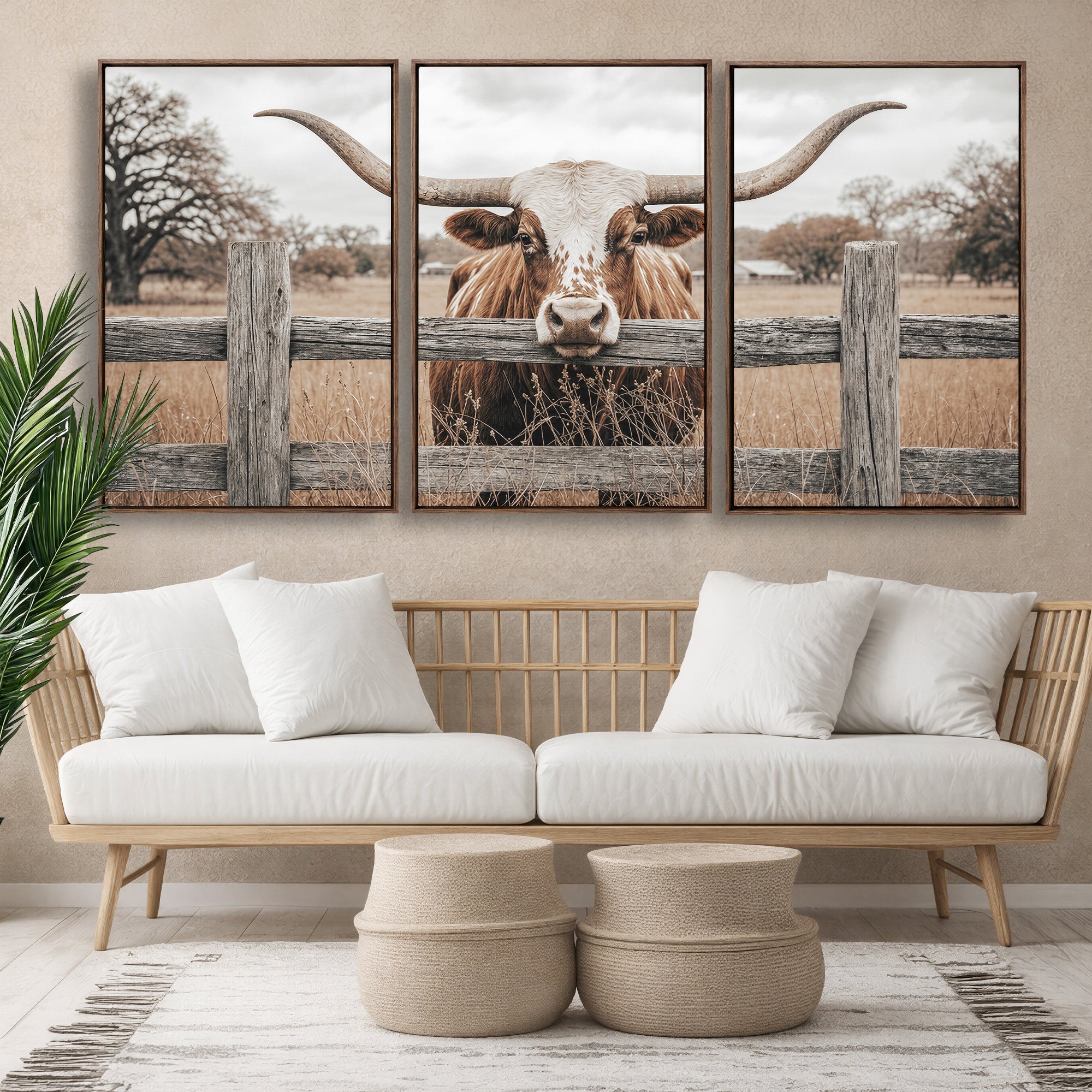 59378683N-MGV-CV-36X24 - Farmhouse Texas Longhorn Bull Canvas Wall Art, Western Ranch Cattle Photography Print, Rustic Barn Cowboy Decor Artwork