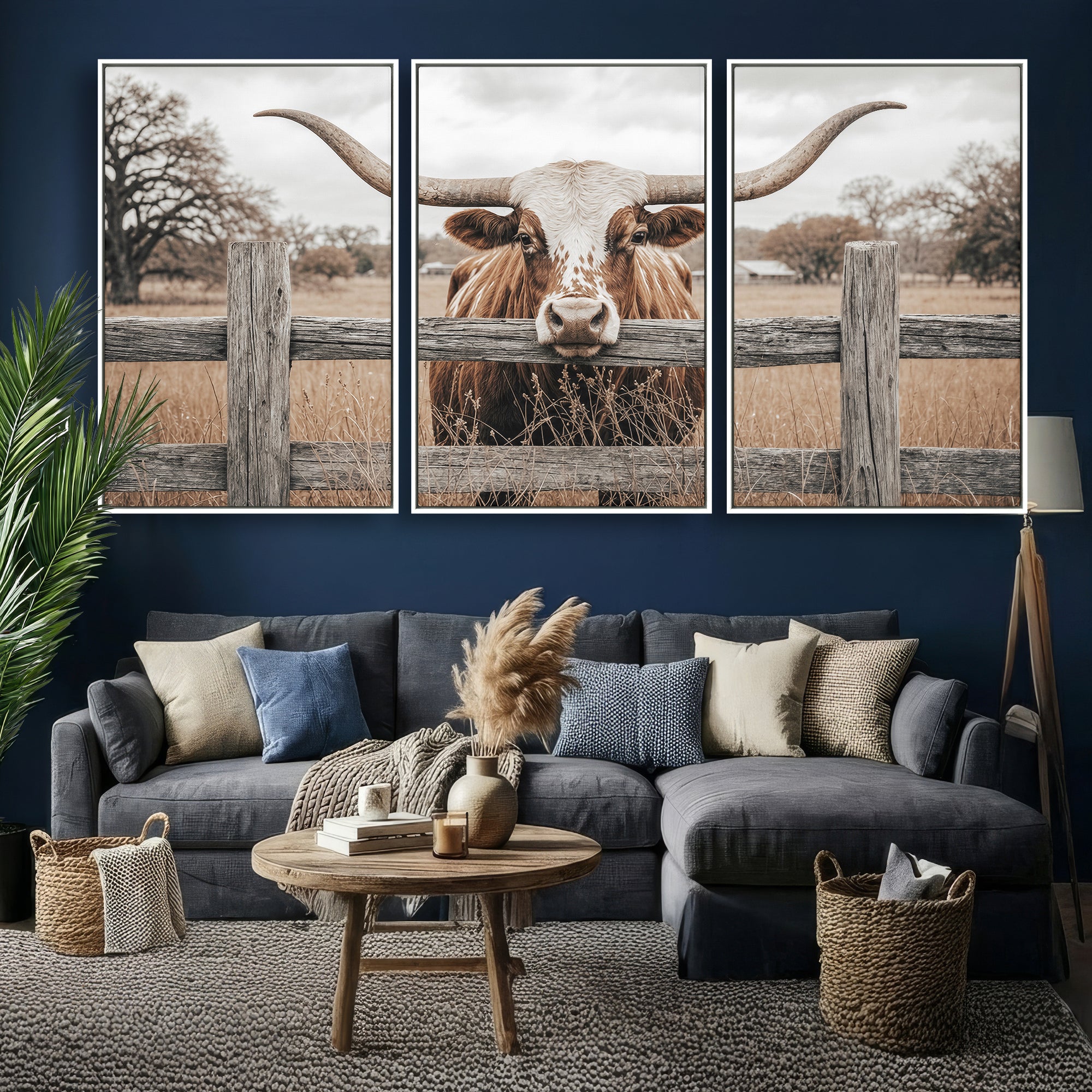 59378683N-MGV-CV-36X24 - Farmhouse Texas Longhorn Bull Canvas Wall Art, Western Ranch Cattle Photography Print, Rustic Barn Cowboy Decor Artwork