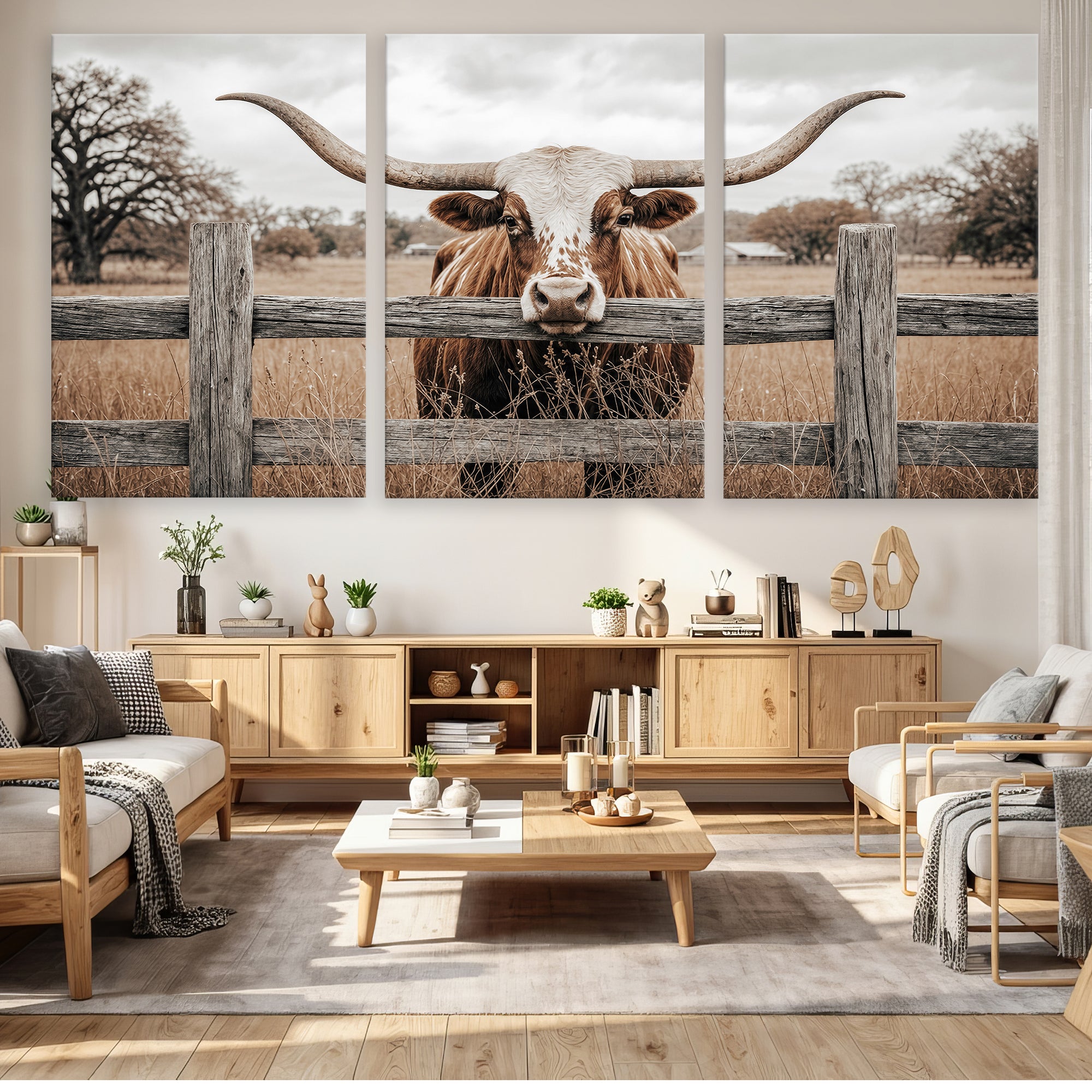 59378683M-MGV-CV-48X32-3P - Large Farmhouse Texas Longhorn Bull Canvas Wall Art, Western Ranch Cattle Photography Print, Rustic Barn Cowboy Decor Artwork