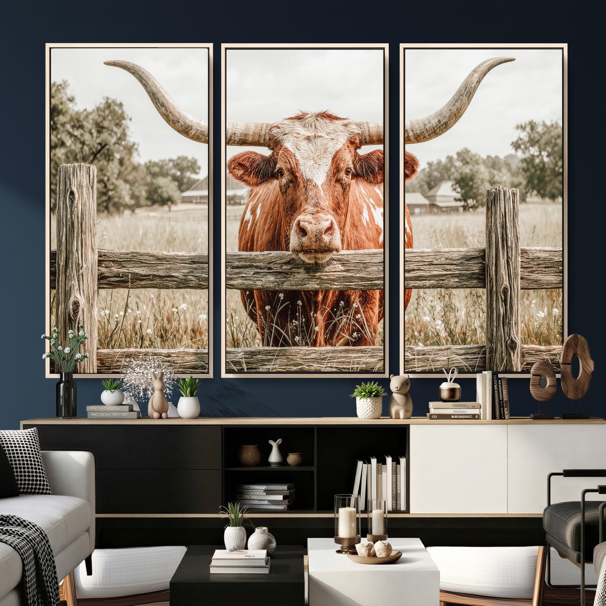 59378683M-MGV-CV-48X32-3P - Large Farmhouse Texas Longhorn Bull Canvas Wall Art, Western Ranch Cattle Photography Print, Rustic Barn Cowboy Decor Artwork