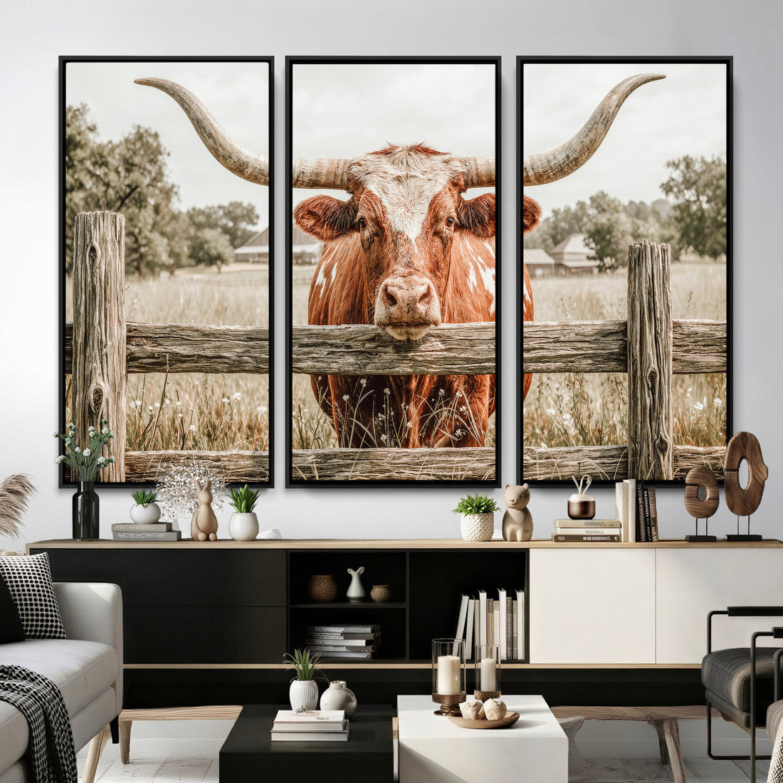 Large Farmhouse Texas Longhorn Bull Canvas Wall Art, Western Ranch Cattle Print
