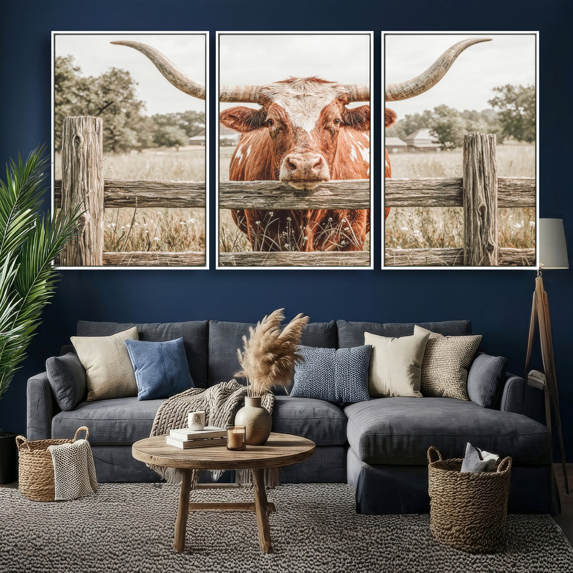 59378683M-MGV-CV-48X32-3P - Large Farmhouse Texas Longhorn Bull Canvas Wall Art, Western Ranch Cattle Photography Print, Rustic Barn Cowboy Decor Artwork