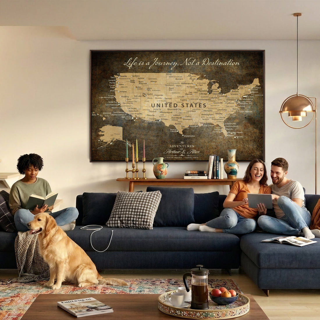 Personalized Black Push Pin USA Map Wall Art, National Park and RV Travel Map, Den and Entryway Decor