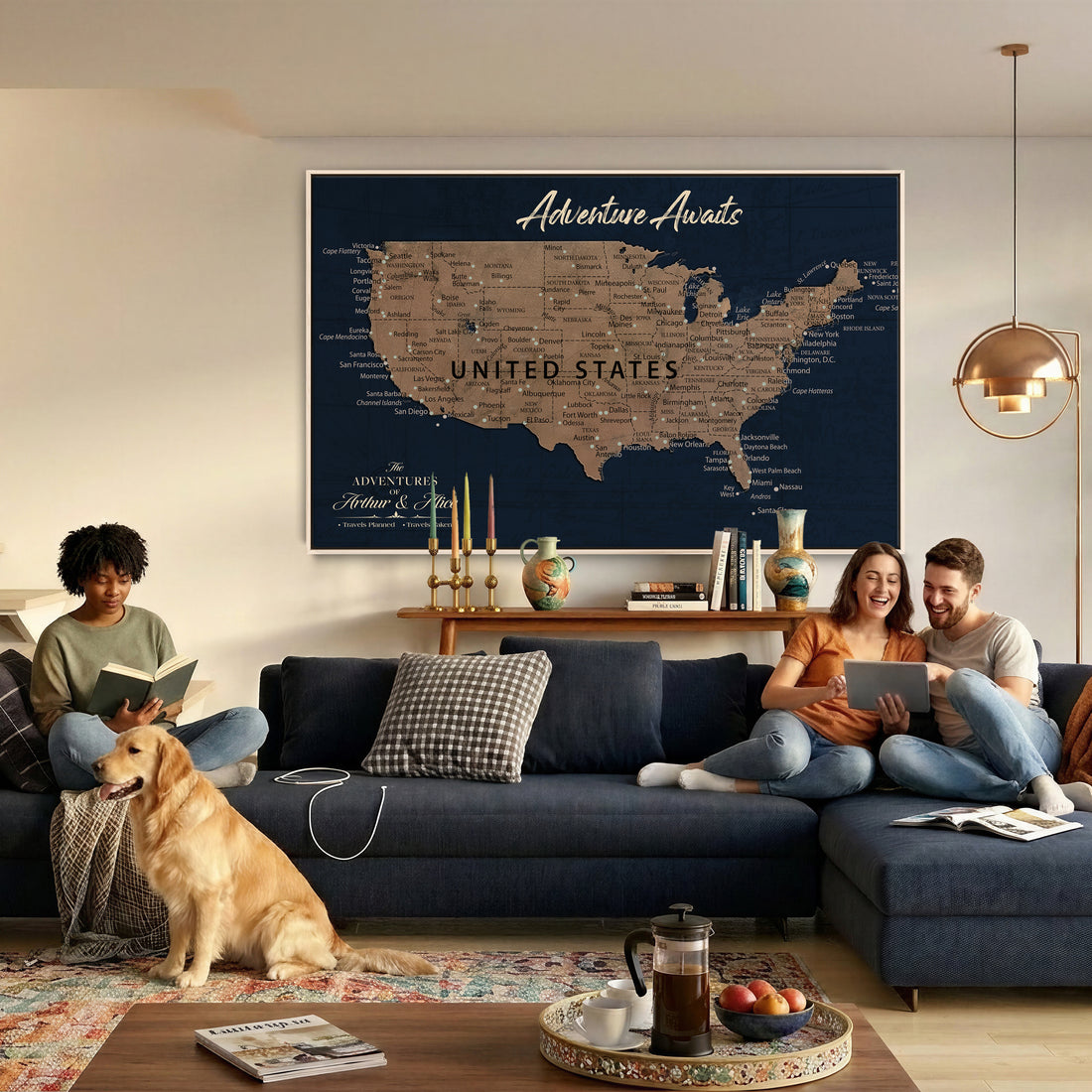 Personalized Navy Push Pin USA Map Canvas Print, 50 States Road Trip Tracker, Study and Entryway Decor