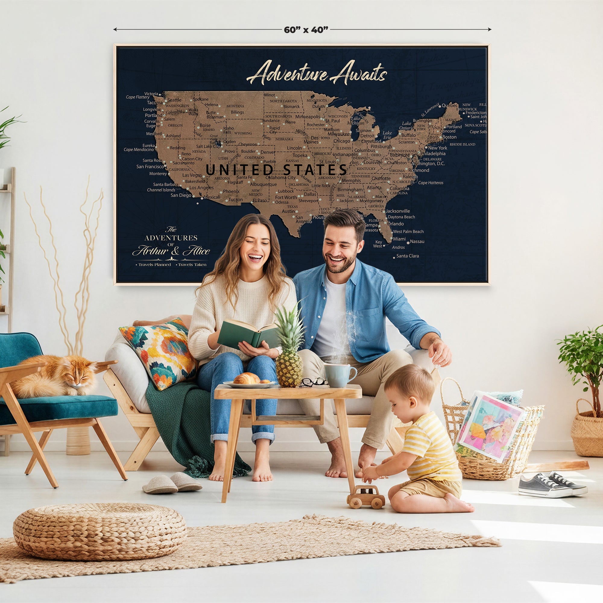 12015888-MGV-CV-36X24 - Blue Custom USA Push Pin Travel Map Canvas for Trip Tracker