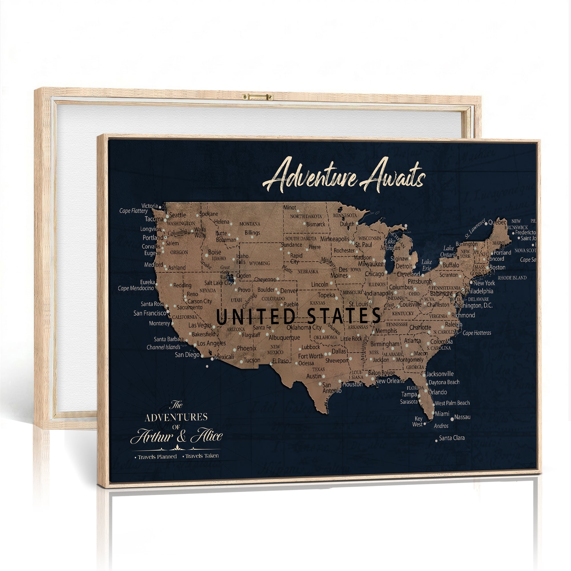 12015888-MGV-CV-36X24 - Blue Custom USA Push Pin Travel Map Canvas for Trip Tracker