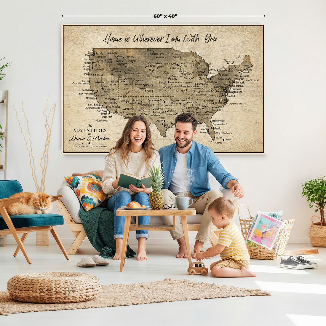 Personalized Beige USA Travel Map Canvas with Push Pins, Road Trip Route Map, Study and Entryway Decor
