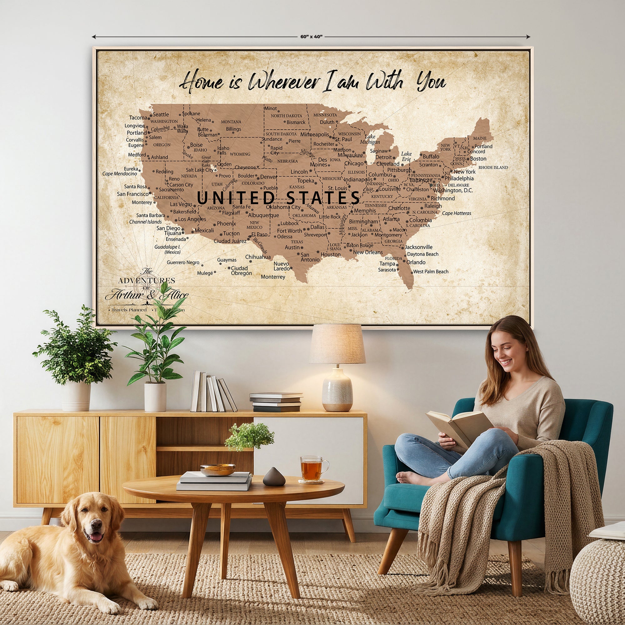 41270900CR-MGV-CV-36X24 - Custom Push Pin US Map Canvas | Personalized Travel Tracker | USA Cities Map Anniversary Gift for Couples | Adventure America Map Wall Art with Pins