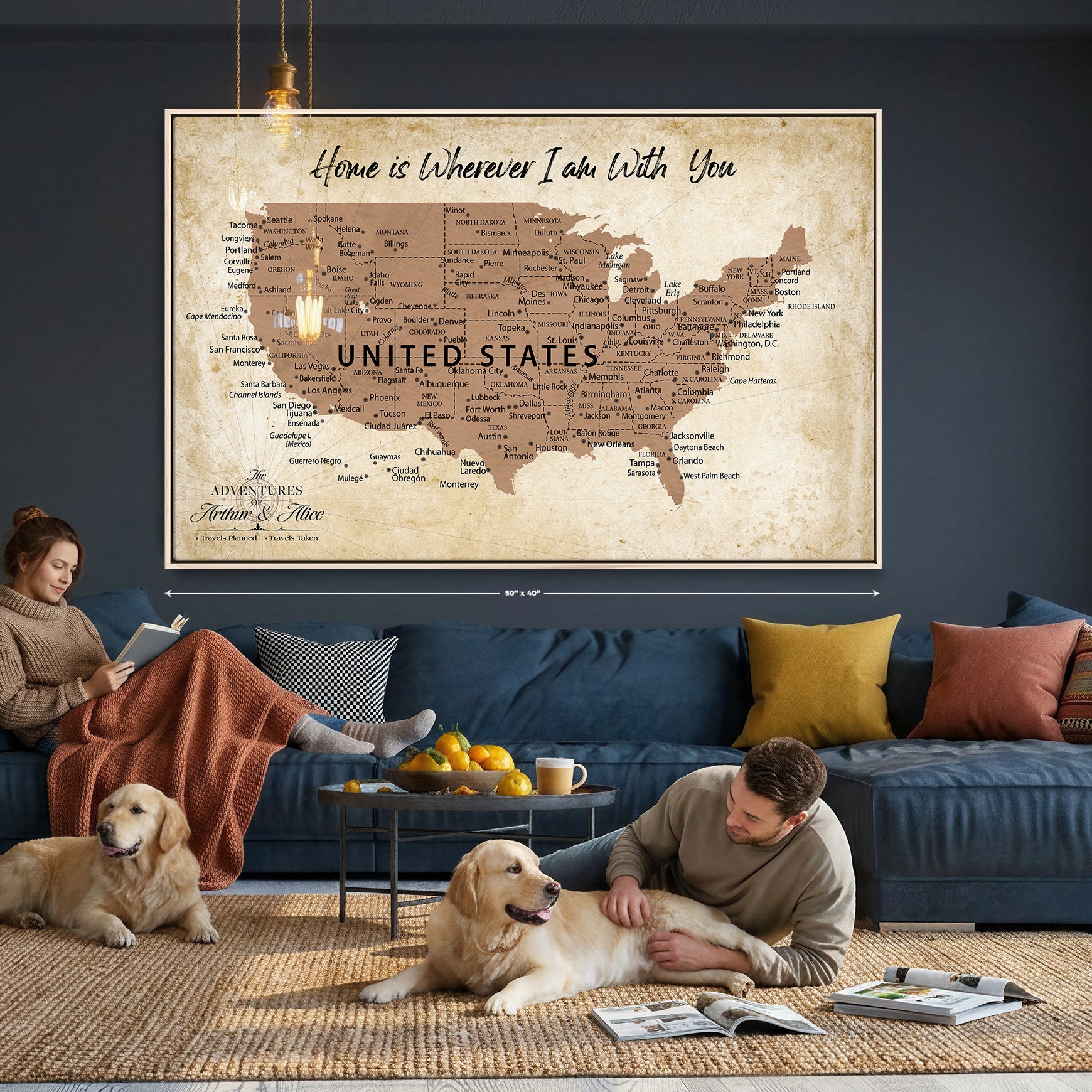 41270900CR-MGV-CV-36X24 - Custom Push Pin US Map Canvas | Personalized Travel Tracker | USA Cities Map Anniversary Gift for Couples | Adventure America Map Wall Art with Pins