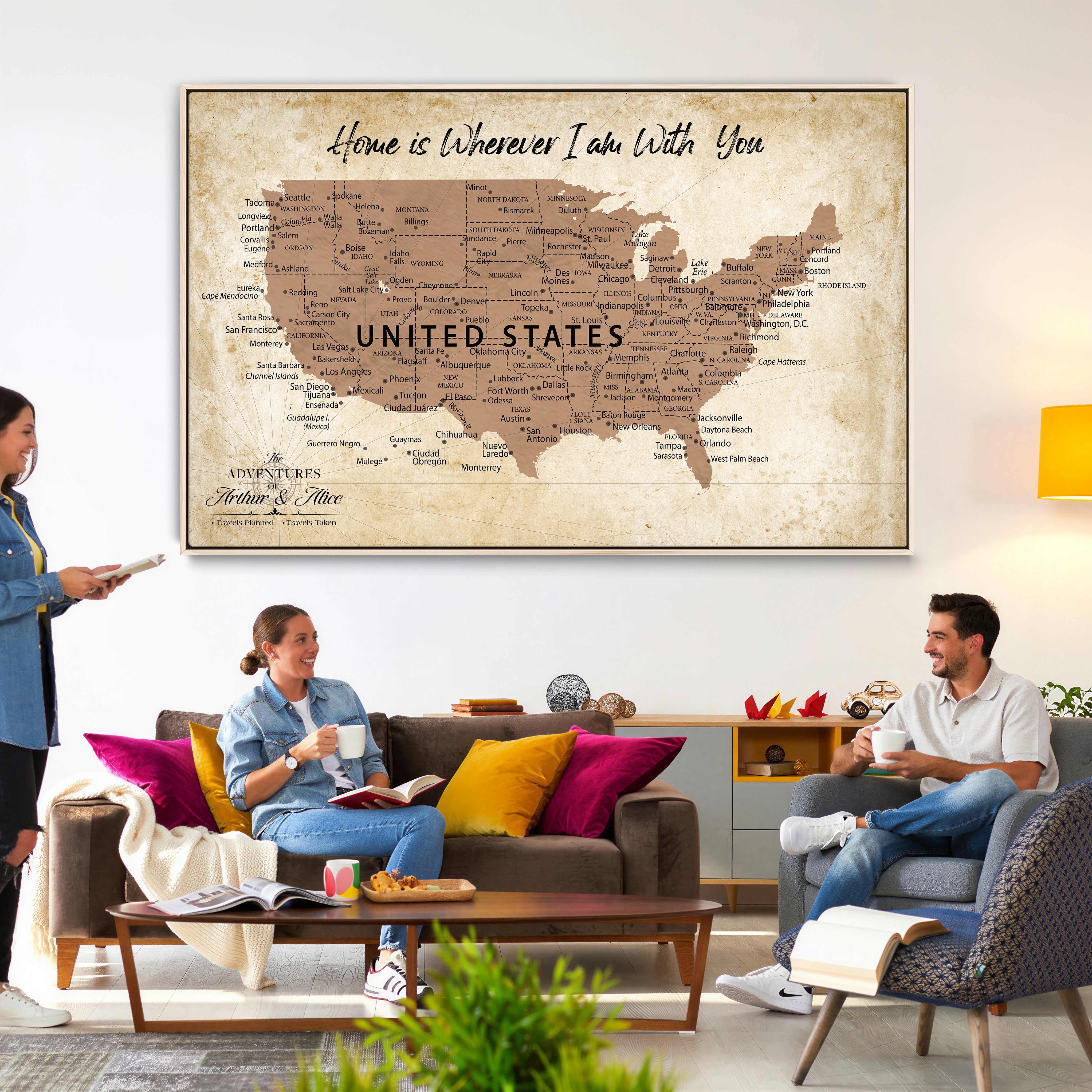 41270900CR-MGV-CV-36X24 - Custom Push Pin US Map Canvas | Personalized Travel Tracker | USA Cities Map Anniversary Gift for Couples | Adventure America Map Wall Art with Pins