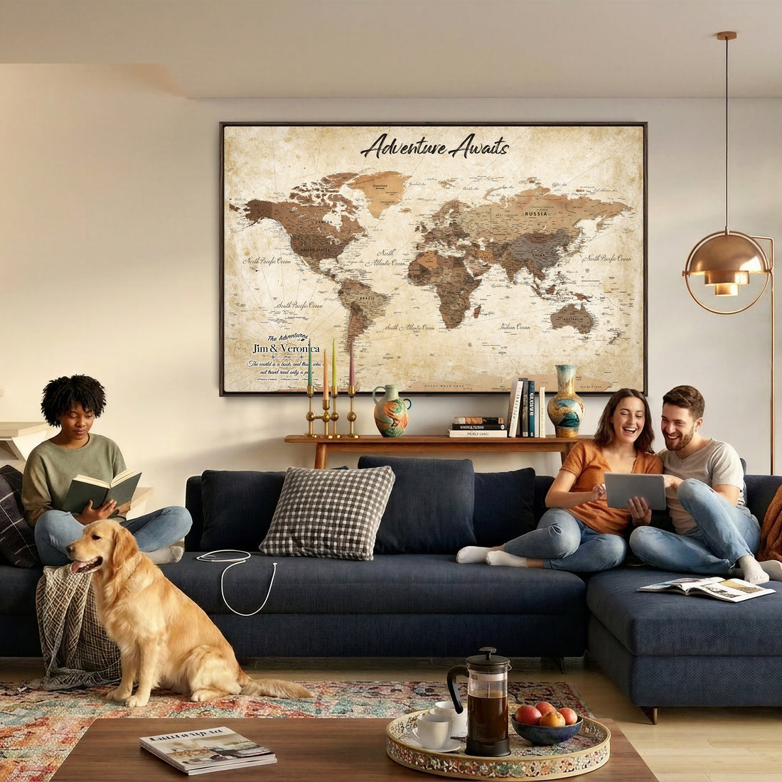 Custom Beige Push Pin World Map Canvas Print, Family Travel Tracker, Family Room and Home Office Decor