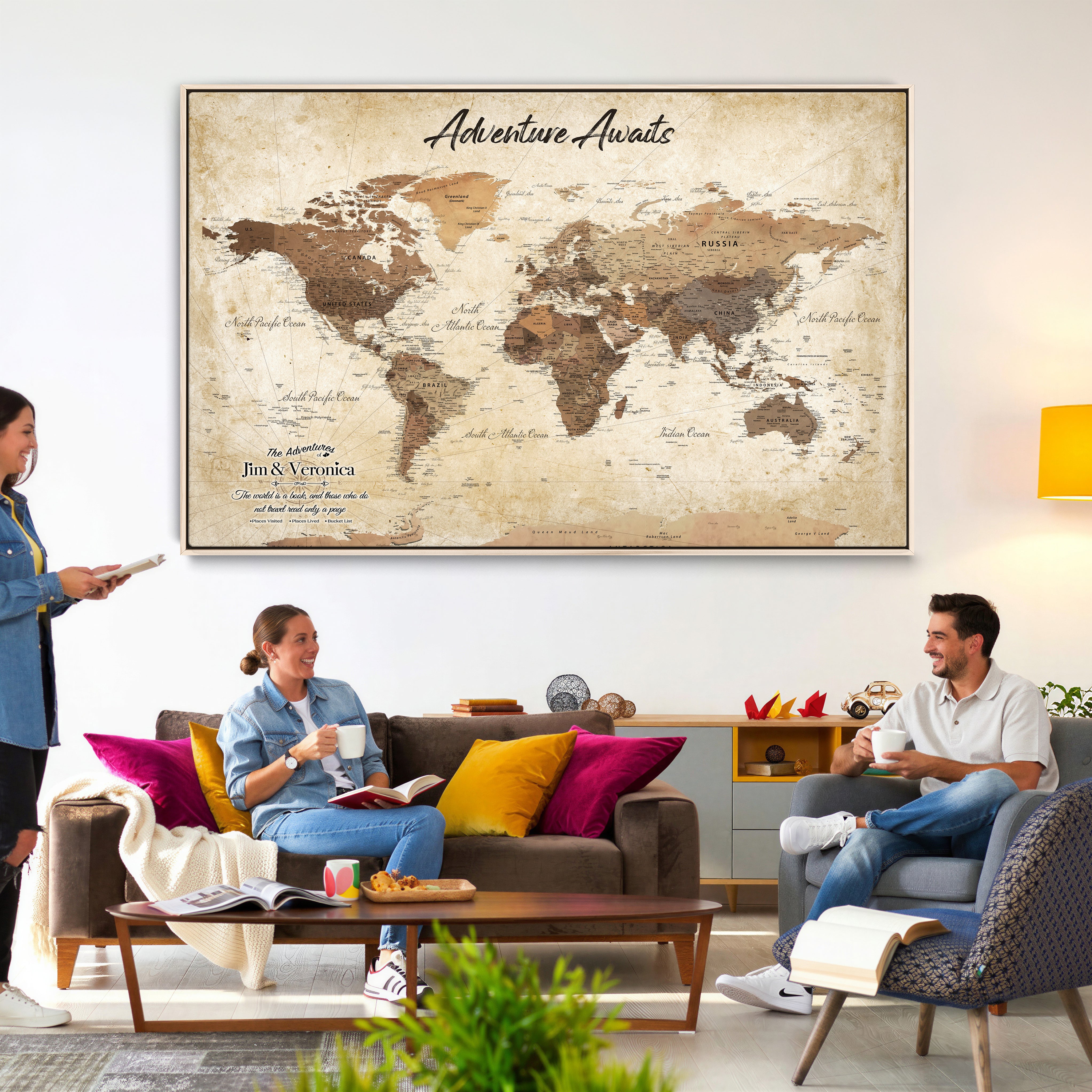 14637271CR-MGV-CV-36X24 - Custom Push Pin World Map Canvas | Personalized Travel Tracker | Wedding Anniversary Gift for Couples | Adventure Map Wall Art with Pins