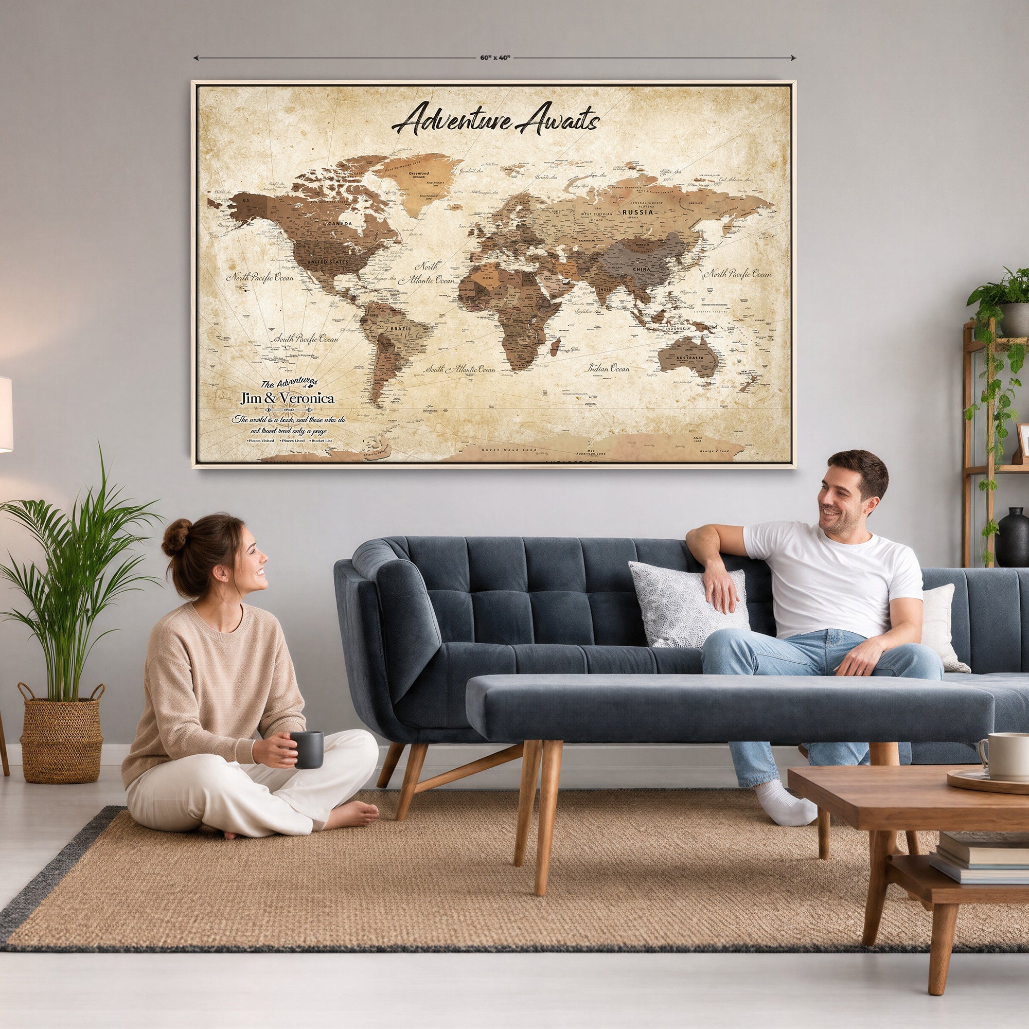 14637271CR-MGV-CV-36X24 - Custom Push Pin World Map Canvas | Personalized Travel Tracker | Wedding Anniversary Gift for Couples | Adventure Map Wall Art with Pins