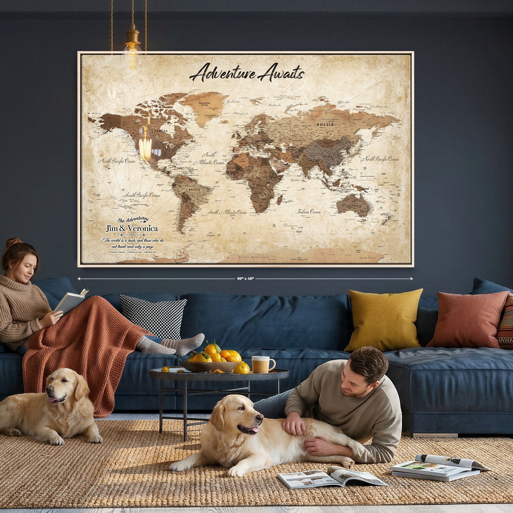 14637271CR-MGV-CV-36X24 - Custom Push Pin World Map Canvas | Personalized Travel Tracker | Wedding Anniversary Gift for Couples | Adventure Map Wall Art with Pins