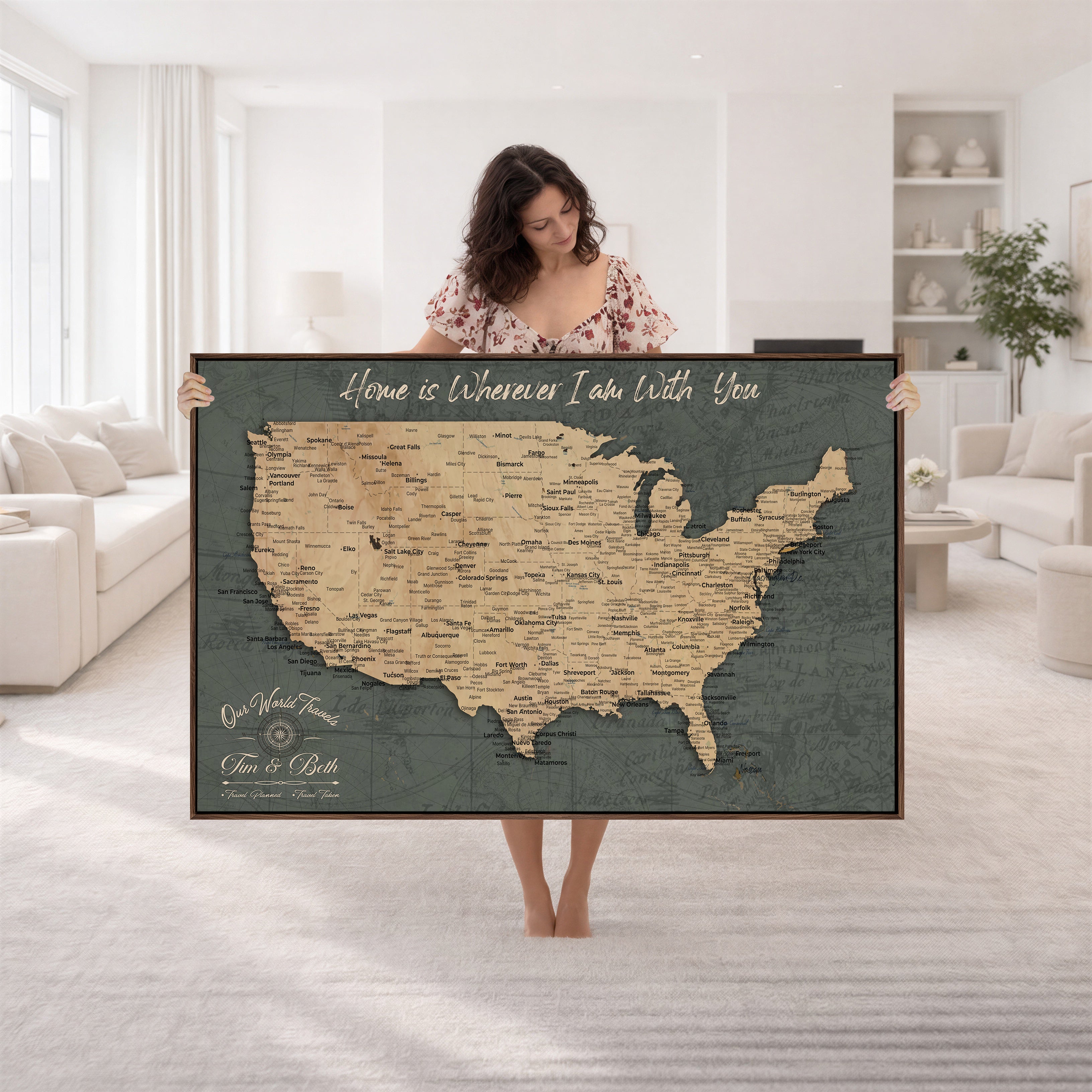 41270900-MGV-CV-36X24 - Custom Push Pin US Map Canvas | Personalized Travel Tracker | USA Cities Map Anniversary Gift for Couples | Adventure America Map Wall Art with Pins