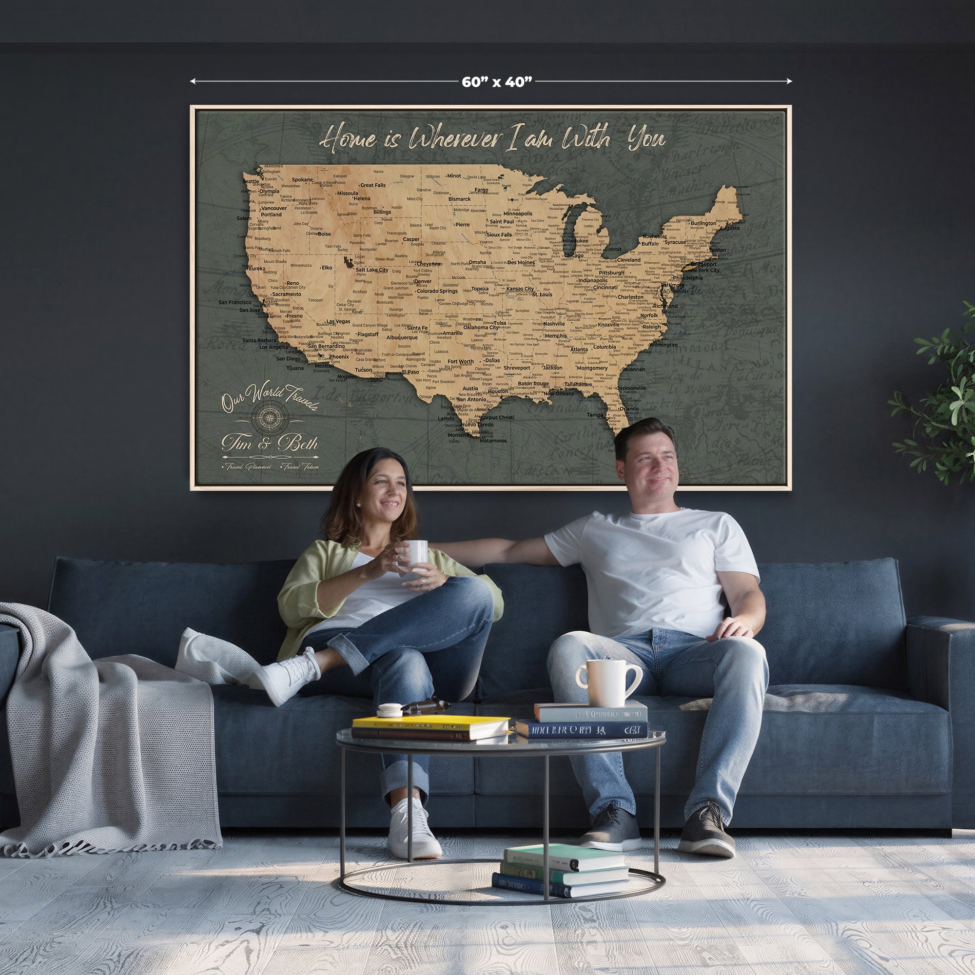 41270900-MGV-CV-36X24 - Custom Push Pin US Map Canvas | Personalized Travel Tracker | USA Cities Map Anniversary Gift for Couples | Adventure America Map Wall Art with Pins