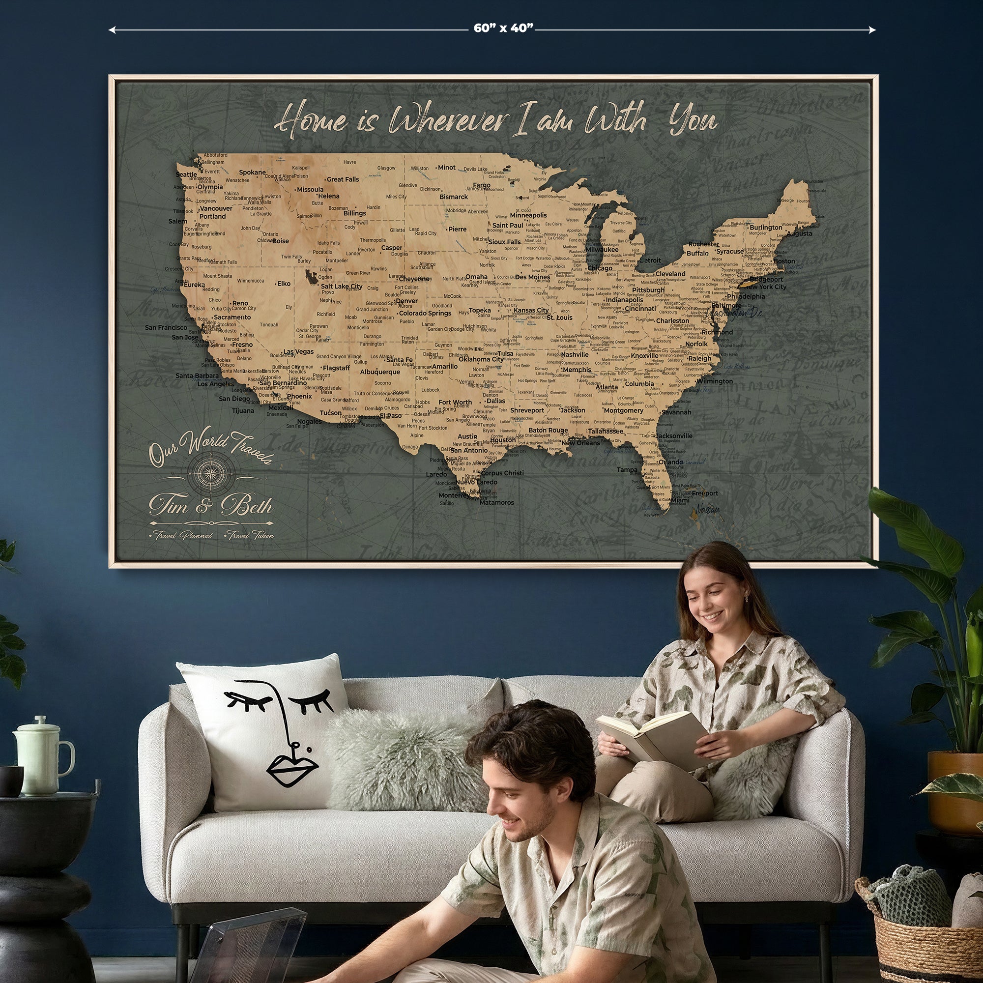 41270900-MGV-CV-36X24 - Custom Push Pin US Map Canvas | Personalized Travel Tracker | USA Cities Map Anniversary Gift for Couples | Adventure America Map Wall Art with Pins