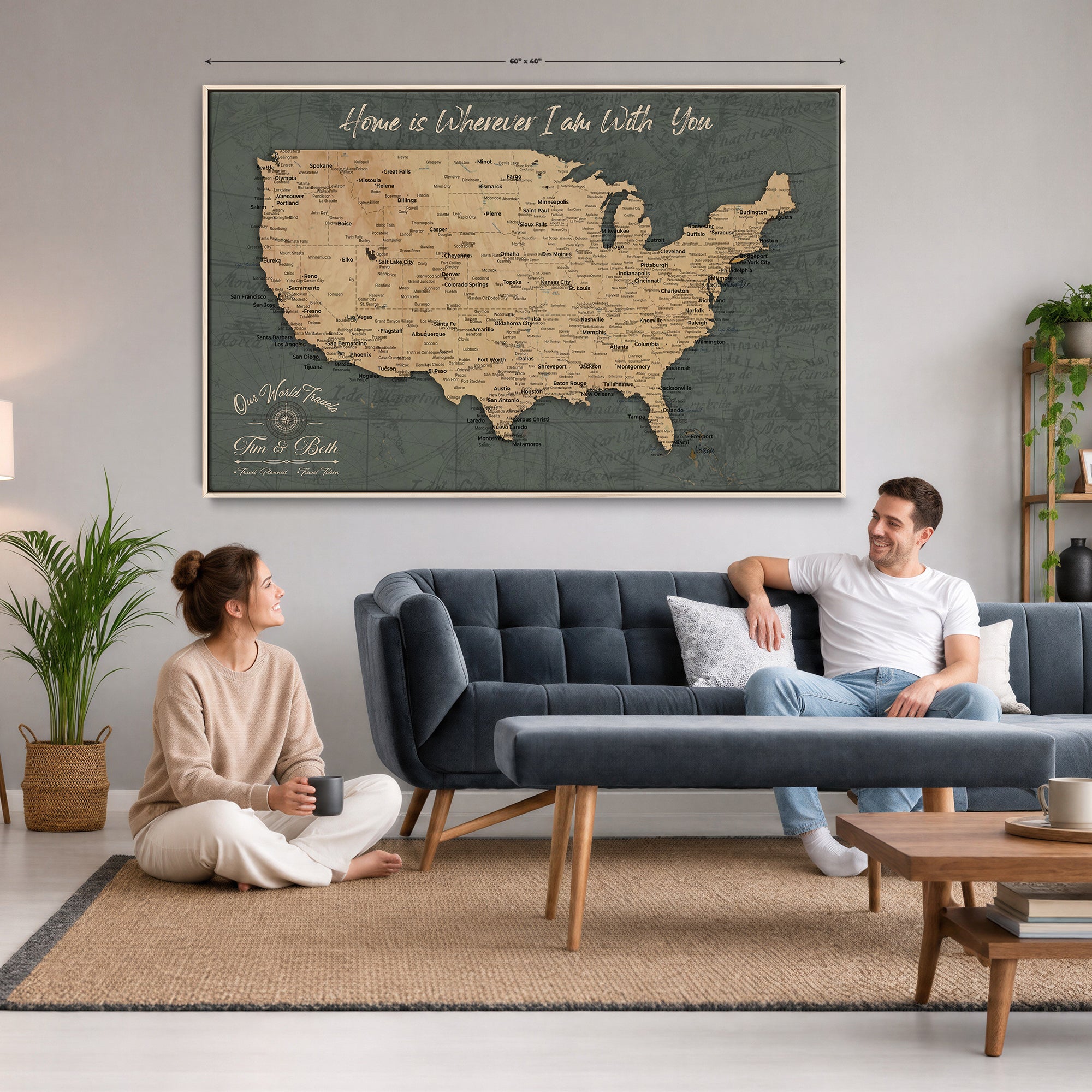 41270900-MGV-CV-36X24 - Custom Push Pin US Map Canvas | Personalized Travel Tracker | USA Cities Map Anniversary Gift for Couples | Adventure America Map Wall Art with Pins