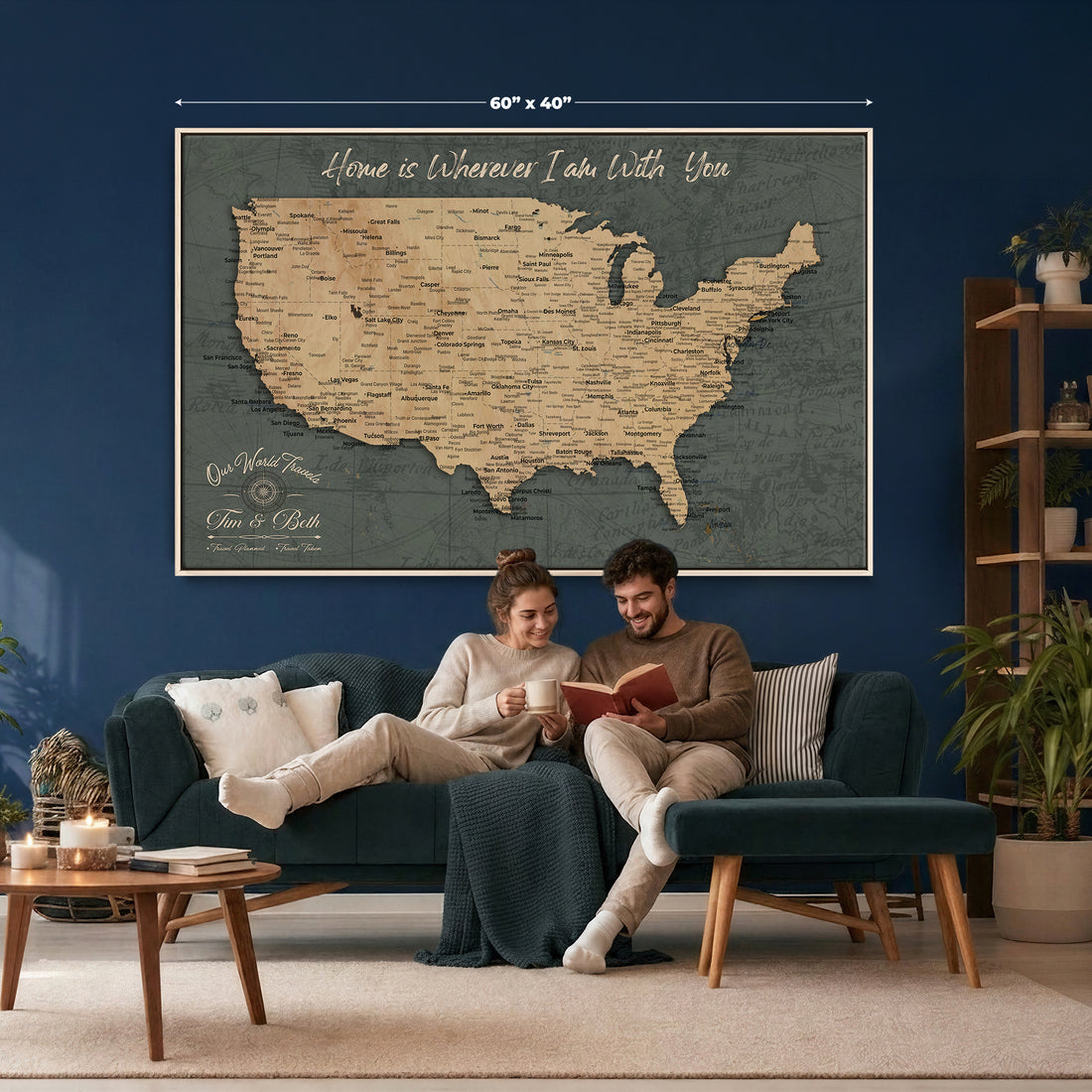 Custom Navy USA Travel Map Canvas with Push Pins, Family Road Trip Map, Bedroom and Home Office Decor
