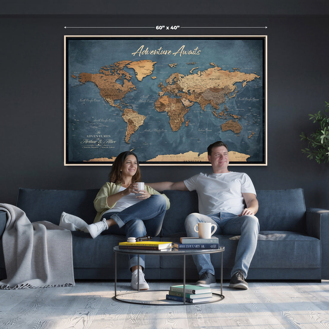 Custom Push Pin World Map Canvas | Personalized Travel Tracker | Couples Gift