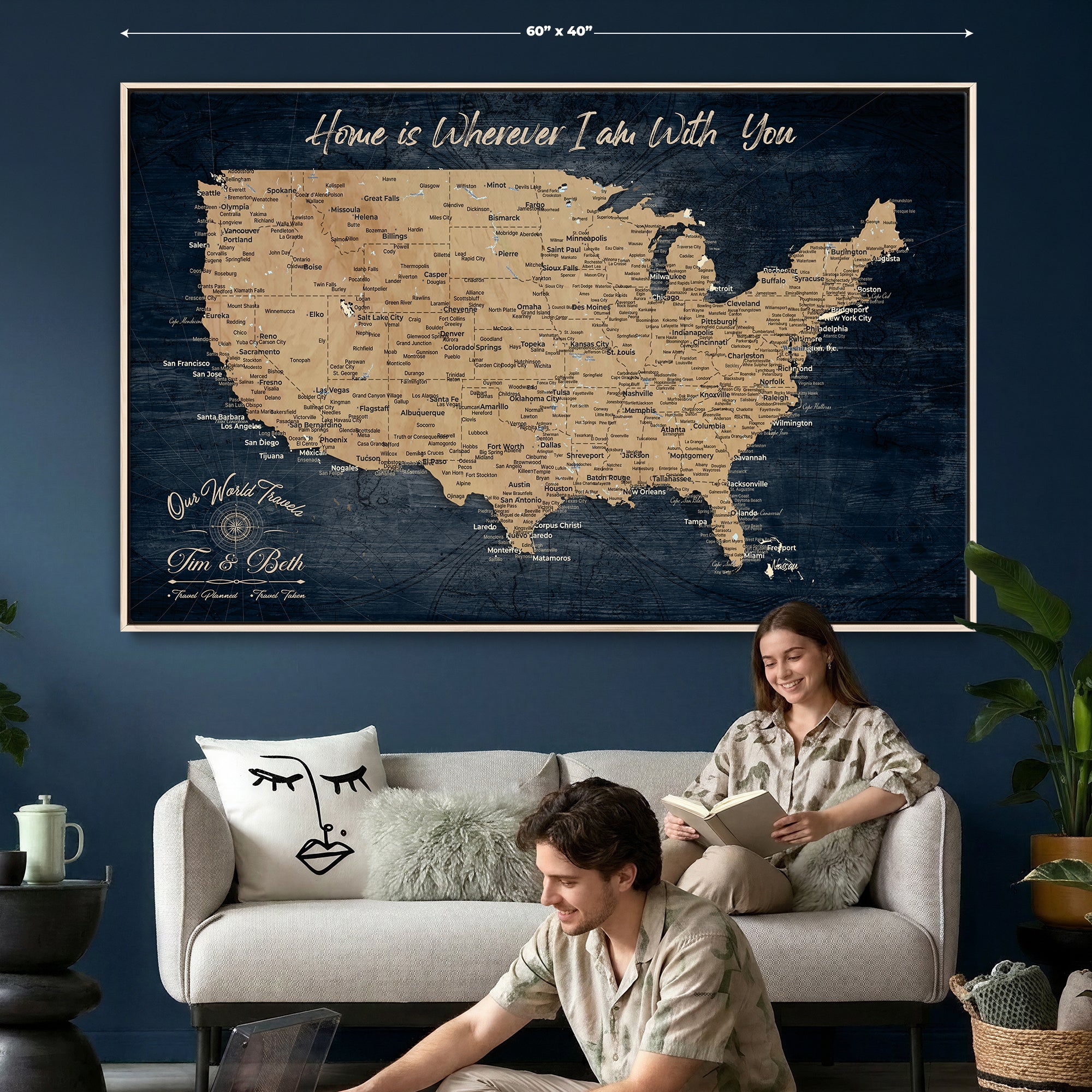 48467834-MGV-CV-36X24 - Custom Push Pin US Map Canvas | Personalized Travel Tracker | USA Cities Map Anniversary Gift for Couples | Adventure America Map Wall Art with Pins