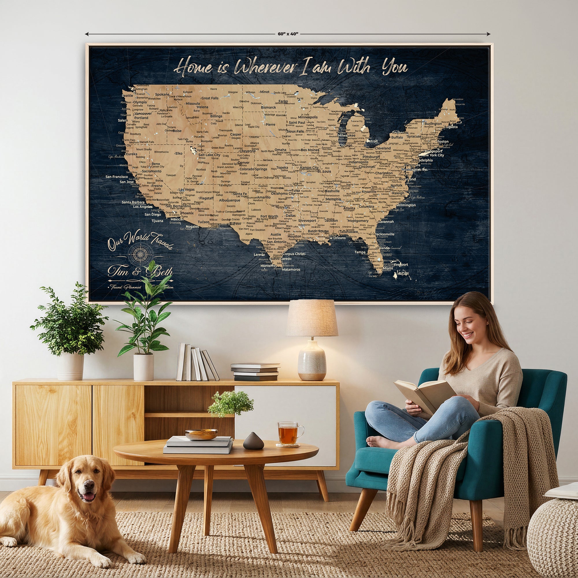 48467834-MGV-CV-36X24 - Custom Push Pin US Map Canvas | Personalized Travel Tracker | USA Cities Map Anniversary Gift for Couples | Adventure America Map Wall Art with Pins
