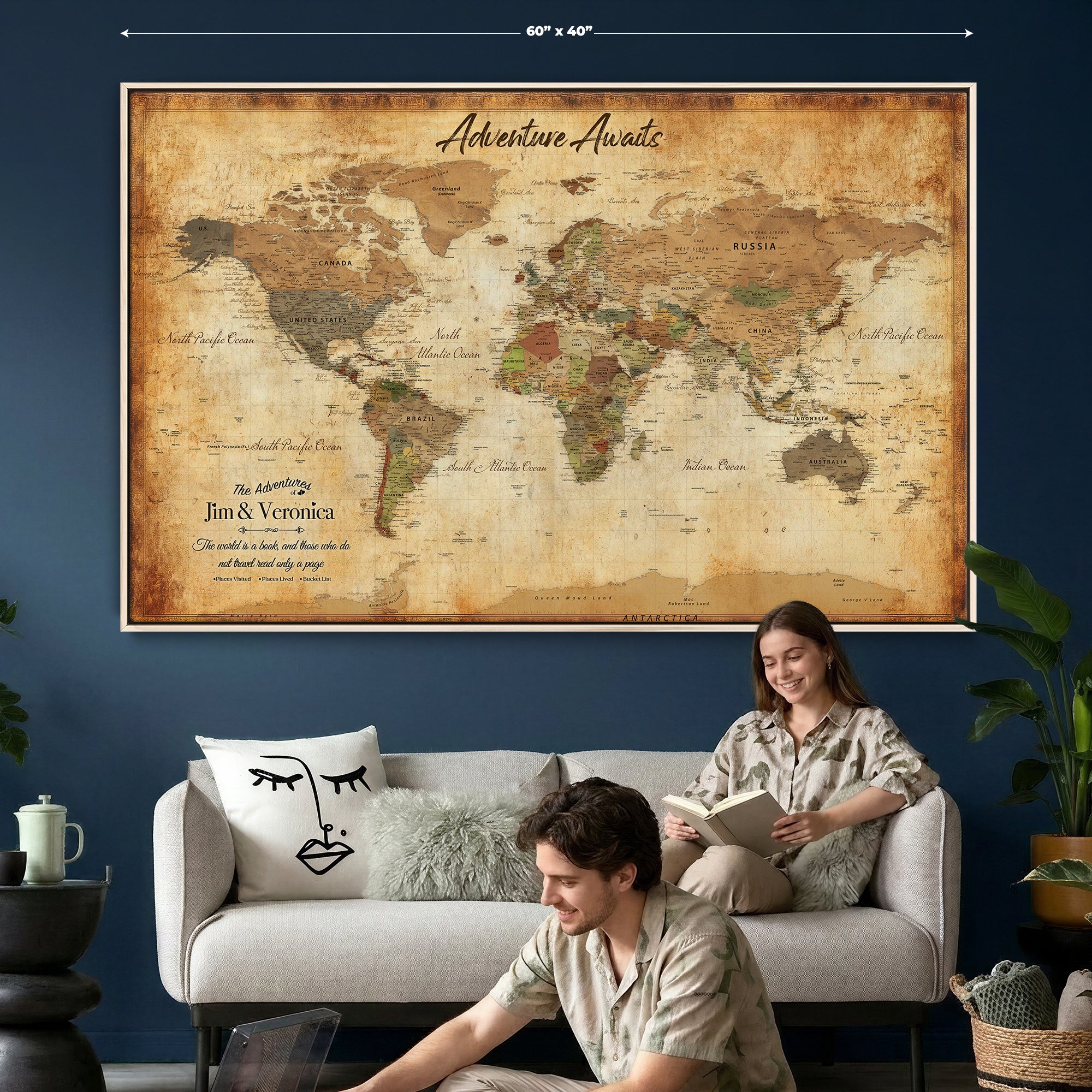 14637271H1-MGV-CV-36X24 - Custom Push Pin World Map Canvas | Personalized Travel Tracker | Wedding Anniversary Gift for Couples | Adventure Map Wall Art with Pins