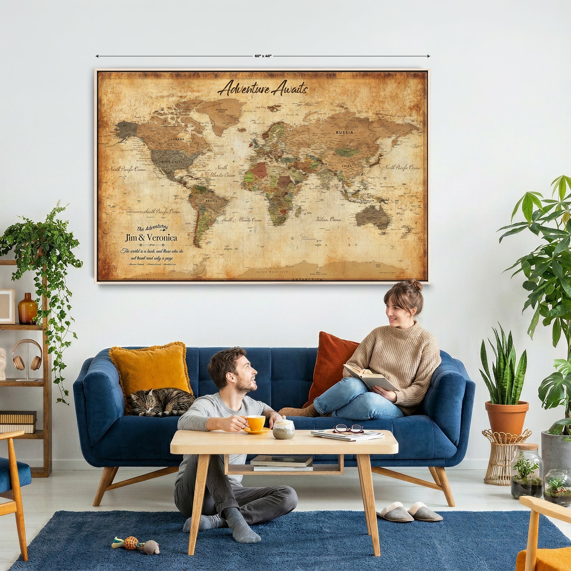 14637271H1-MGV-CV-36X24 - Custom Push Pin World Map Canvas | Personalized Travel Tracker | Wedding Anniversary Gift for Couples | Adventure Map Wall Art with Pins