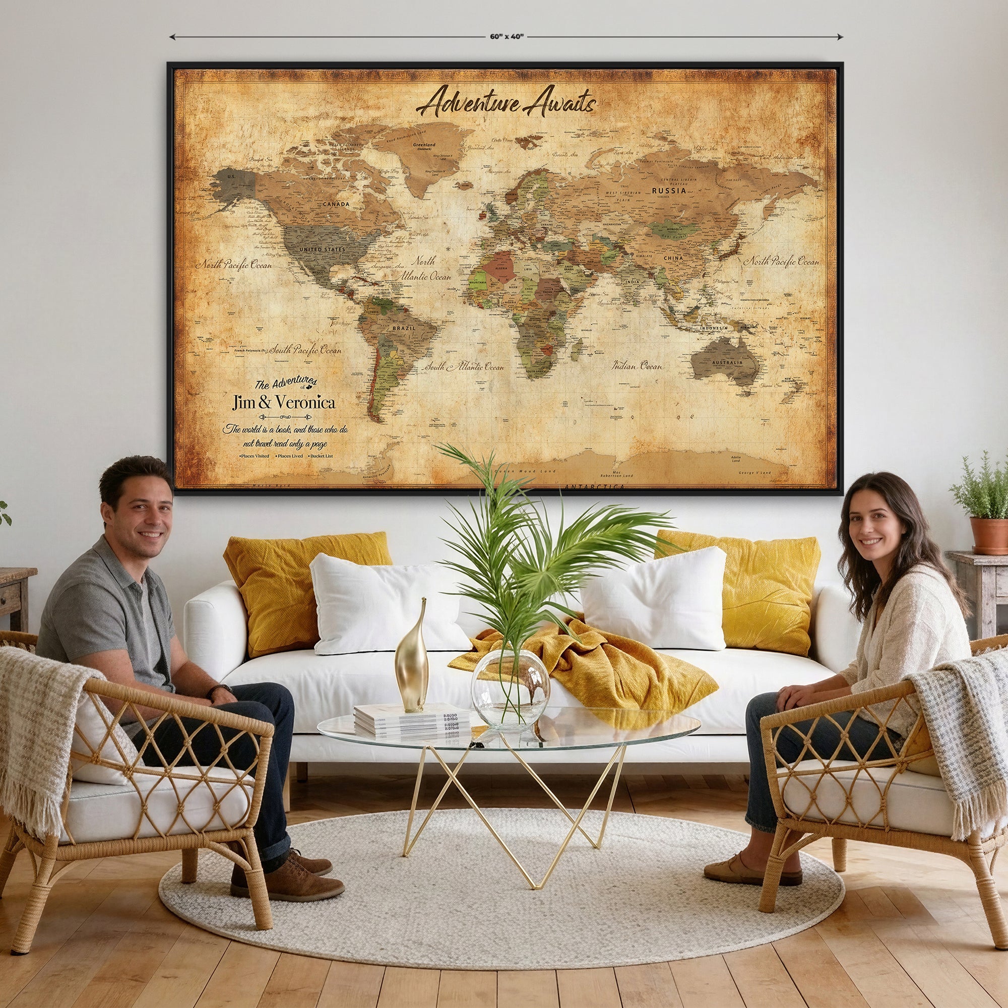 14637271H1-MGV-CV-36X24 - Custom Push Pin World Map Canvas | Personalized Travel Tracker | Wedding Anniversary Gift for Couples | Adventure Map Wall Art with Pins