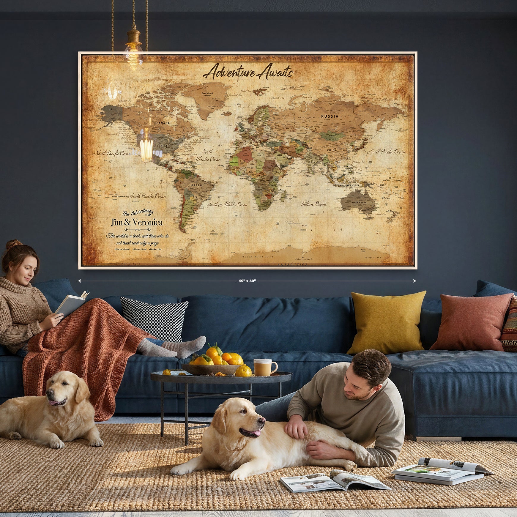 14637271H1-MGV-CV-36X24 - Custom Push Pin World Map Canvas | Personalized Travel Tracker | Wedding Anniversary Gift for Couples | Adventure Map Wall Art with Pins
