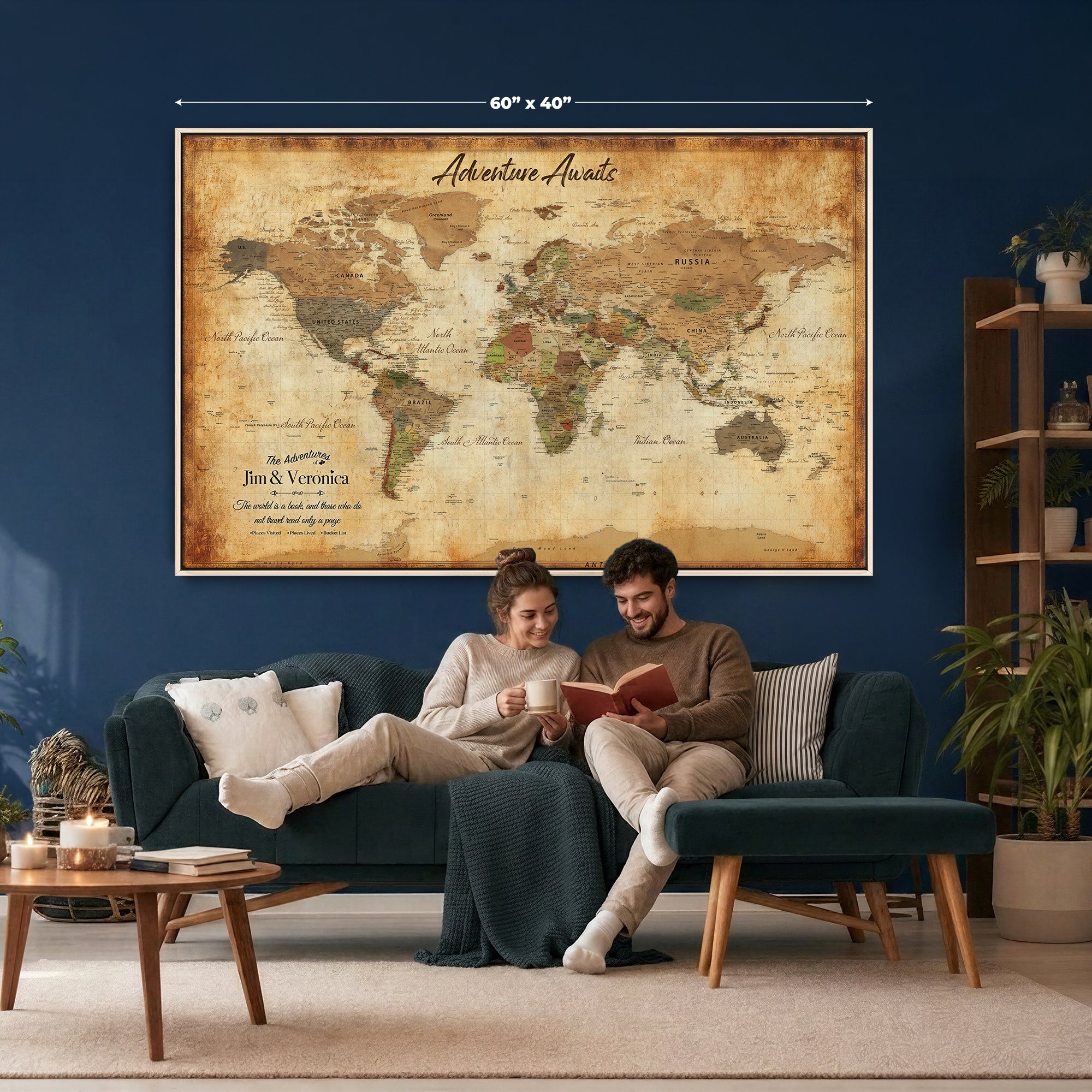 14637271H1-MGV-CV-36X24 - Custom Push Pin World Map Canvas | Personalized Travel Tracker | Wedding Anniversary Gift for Couples | Adventure Map Wall Art with Pins