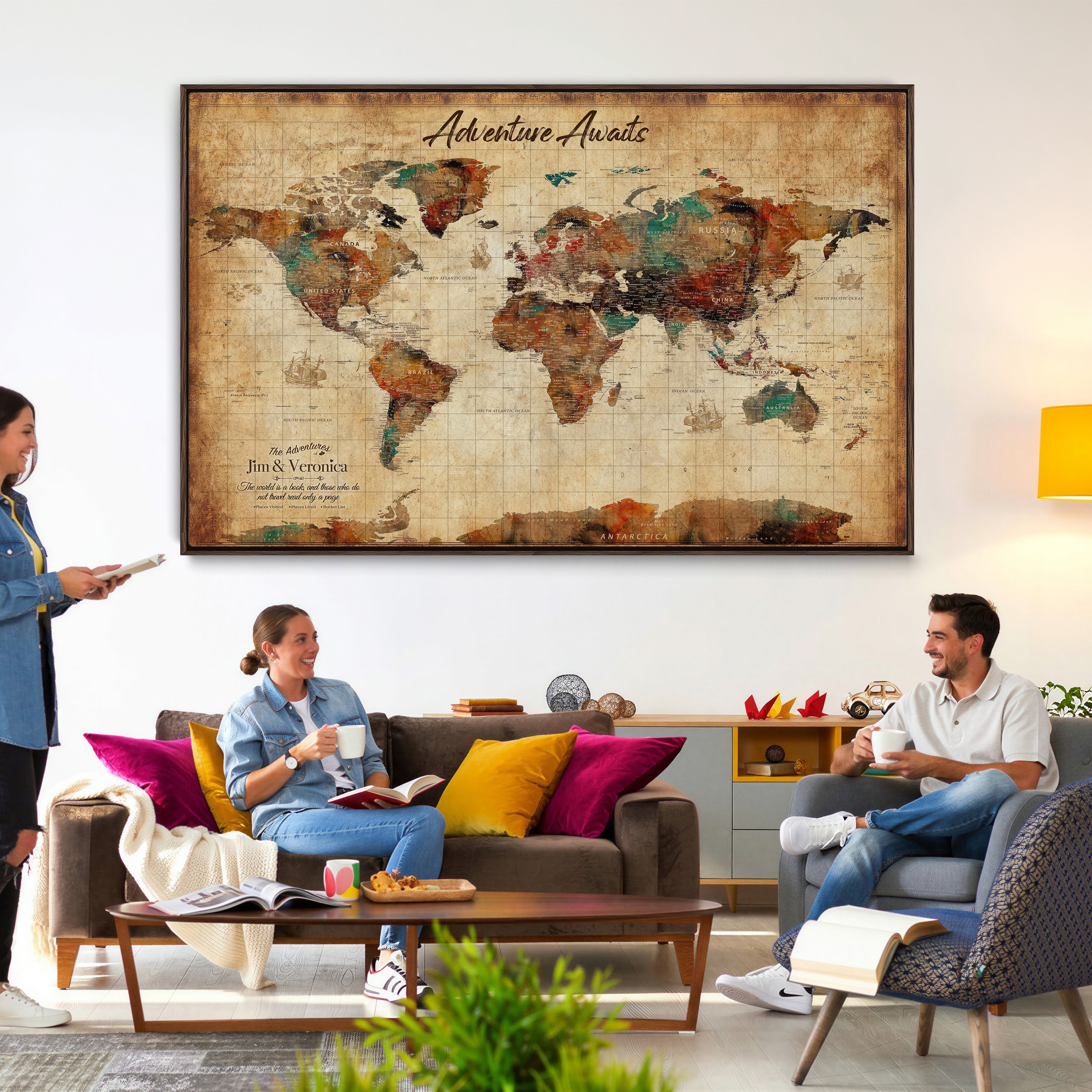 14637271HS-MGV-CV-36X24 - Custom Push Pin World Map Canvas | Personalized Travel Tracker | Wedding Anniversary Gift for Couples | Adventure Map Wall Art with Pins