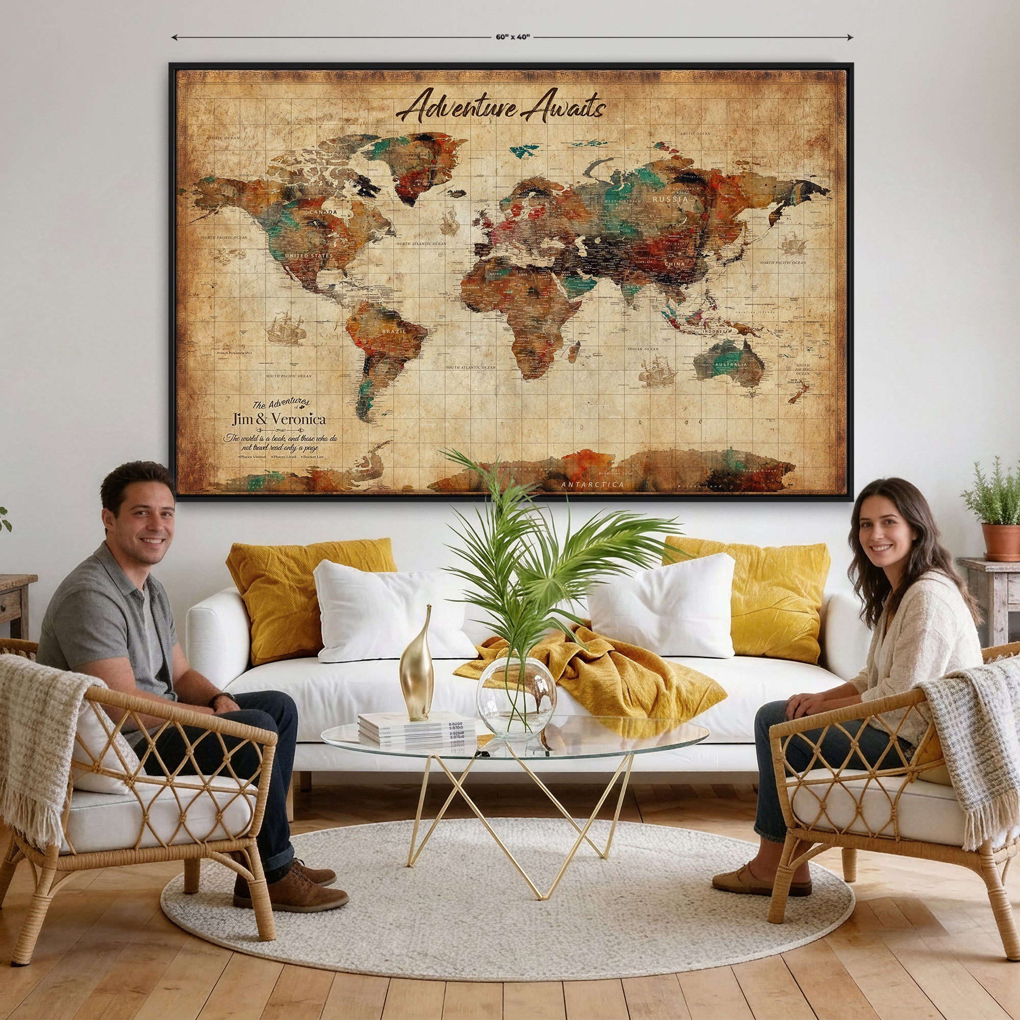 14637271HS-MGV-CV-36X24 - Custom Push Pin World Map Canvas | Personalized Travel Tracker | Wedding Anniversary Gift for Couples | Adventure Map Wall Art with Pins