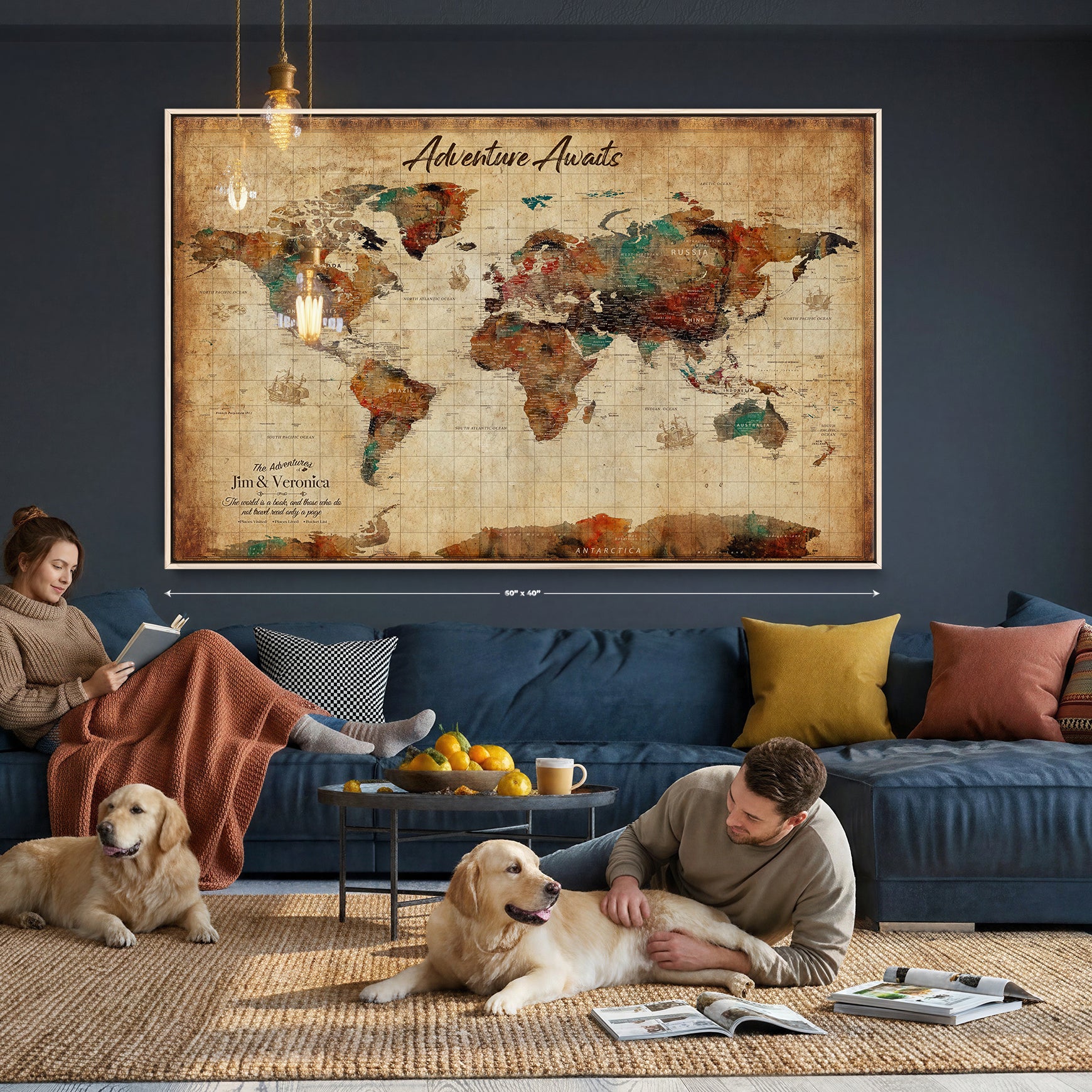 14637271HS-MGV-CV-36X24 - Custom Push Pin World Map Canvas | Personalized Travel Tracker | Wedding Anniversary Gift for Couples | Adventure Map Wall Art with Pins