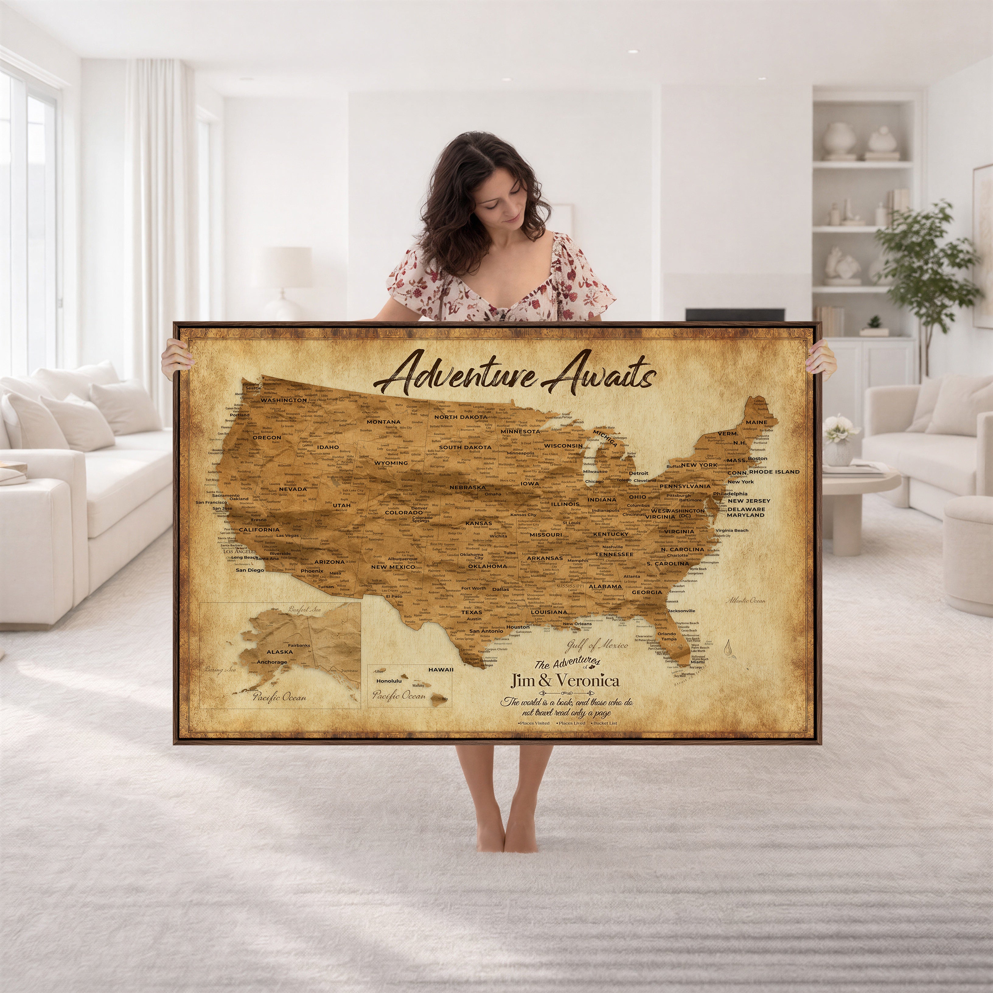 41270900KR-MGV-CV-36X24 - Custom Push Pin US Map Canvas | Personalized Travel Tracker | USA Cities Map Anniversary Gift for Couples | Adventure America Map Wall Art with Pins
