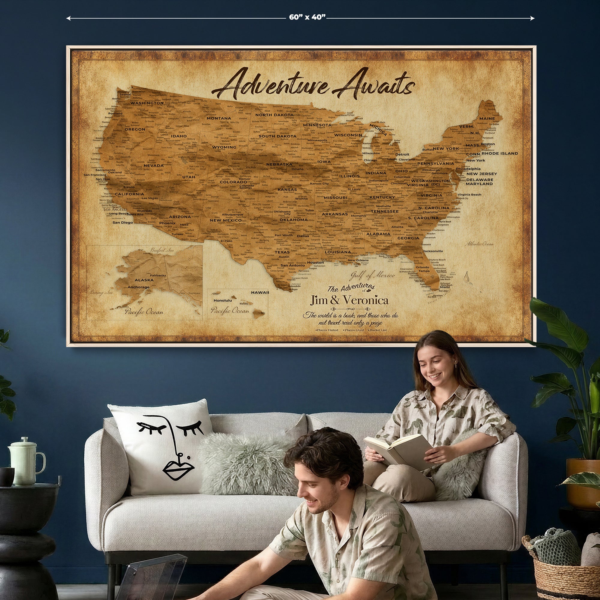 41270900KR-MGV-CV-36X24 - Custom Push Pin US Map Canvas | Personalized Travel Tracker | USA Cities Map Anniversary Gift for Couples | Adventure America Map Wall Art with Pins