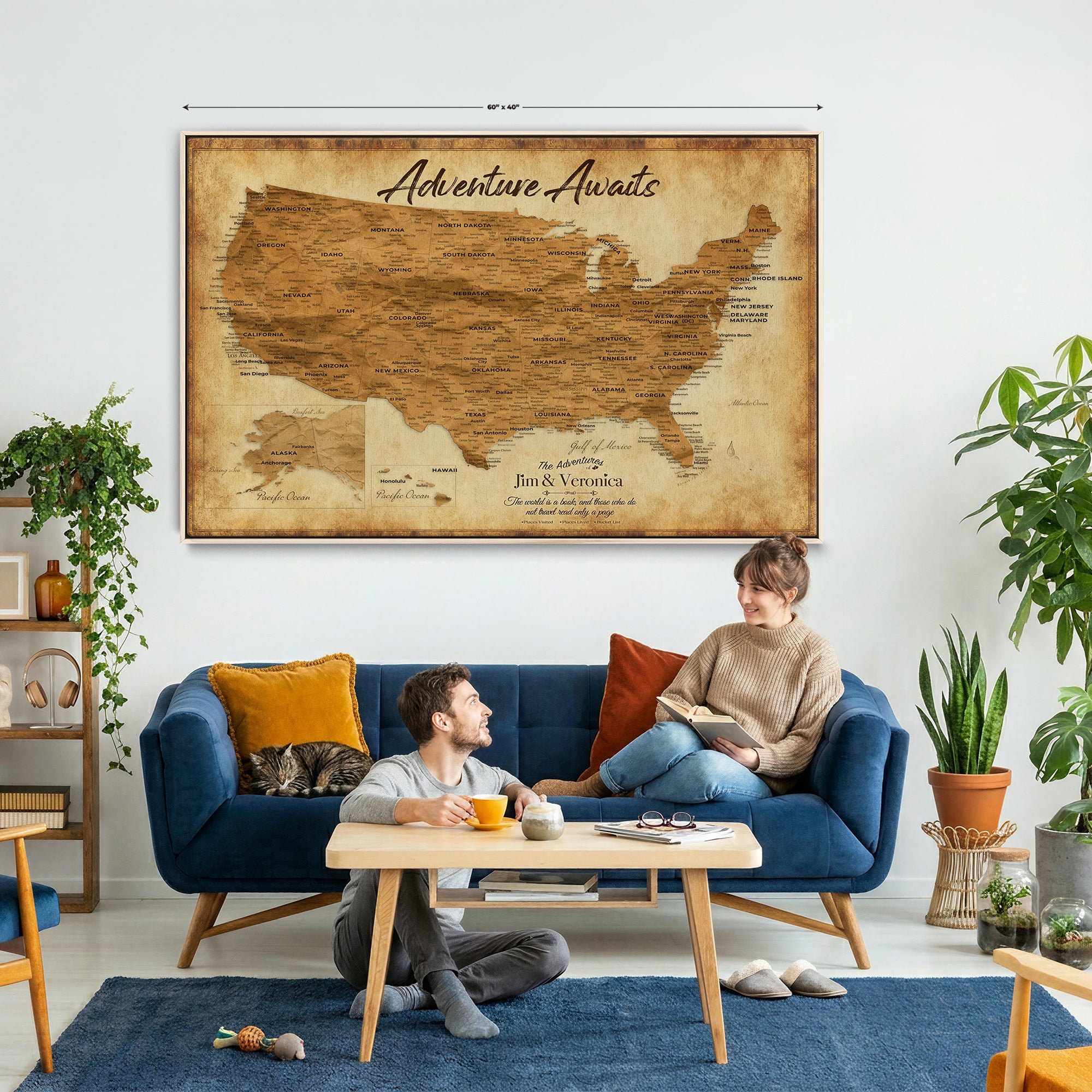 41270900KR-MGV-CV-36X24 - Custom Push Pin US Map Canvas | Personalized Travel Tracker | USA Cities Map Anniversary Gift for Couples | Adventure America Map Wall Art with Pins
