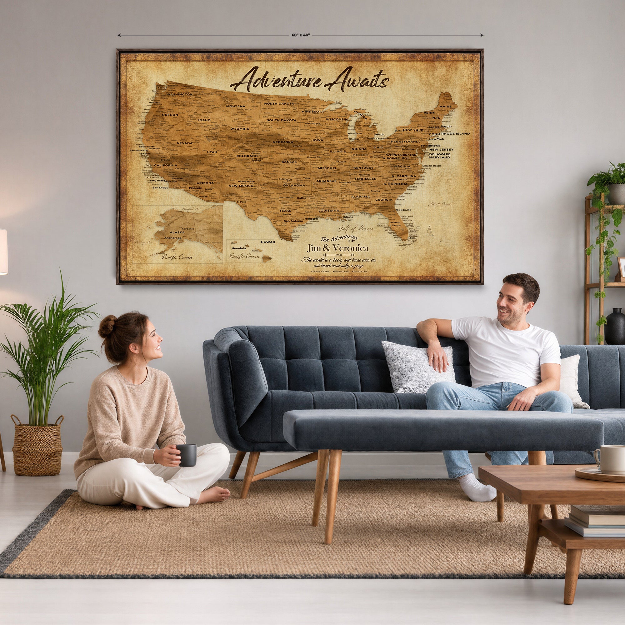 41270900KR-MGV-CV-36X24 - Custom Push Pin US Map Canvas | Personalized Travel Tracker | USA Cities Map Anniversary Gift for Couples | Adventure America Map Wall Art with Pins