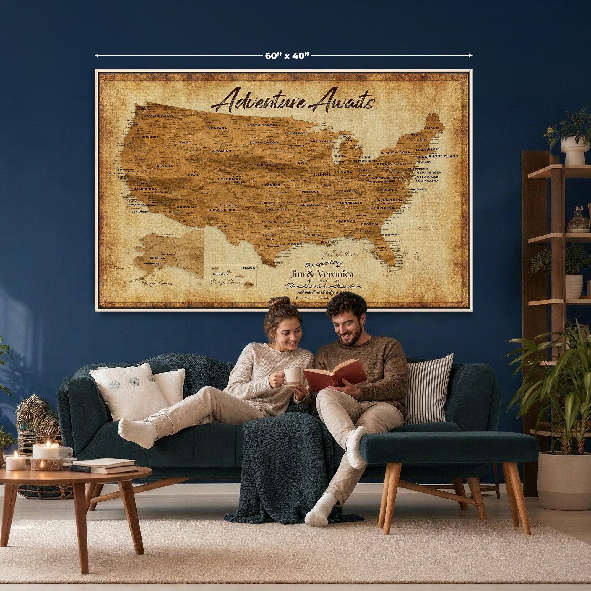 41270900KR-MGV-CV-36X24 - Custom Push Pin US Map Canvas | Personalized Travel Tracker | USA Cities Map Anniversary Gift for Couples | Adventure America Map Wall Art with Pins