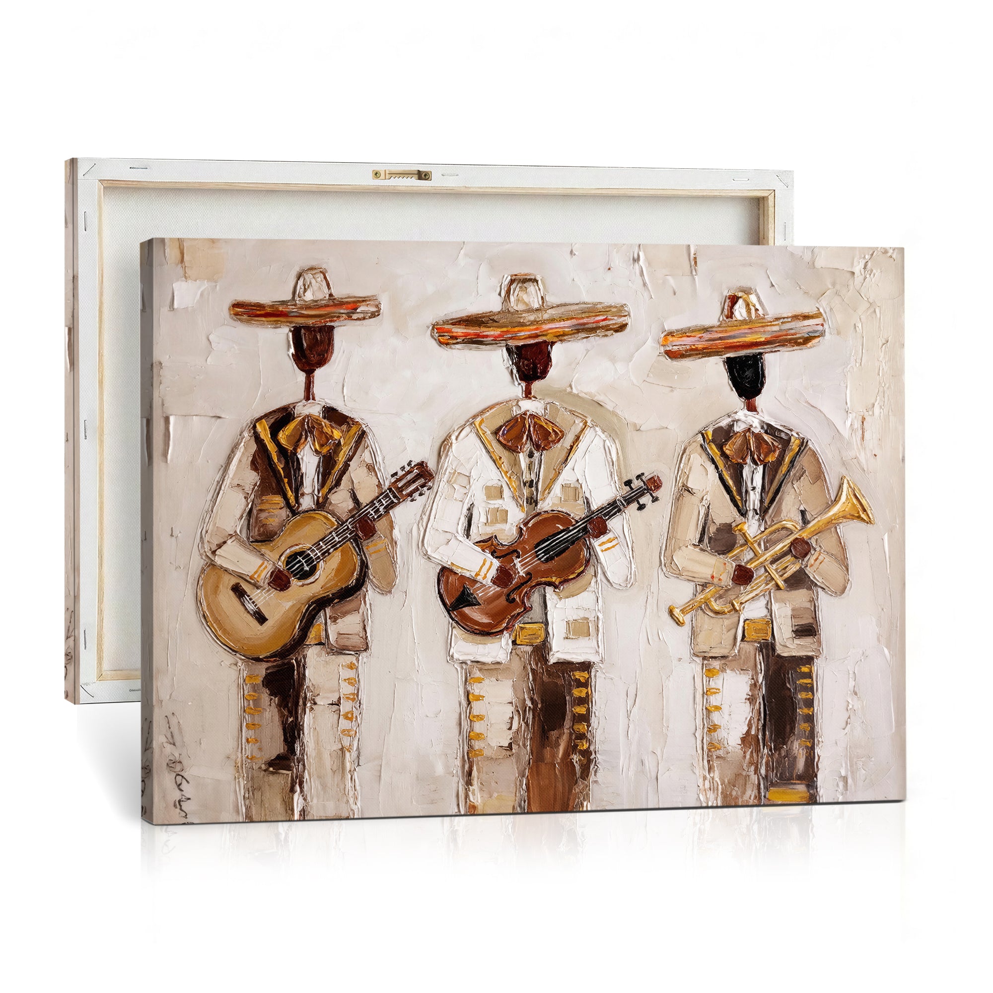 94602487-MGV-CV-36X24 - Mariachi Band Canvas Wall Art, Mexican Music Guitar Violin Trumpet Painting, Neutral Impasto Folk Art, Southwestern Boho Living Room Decor