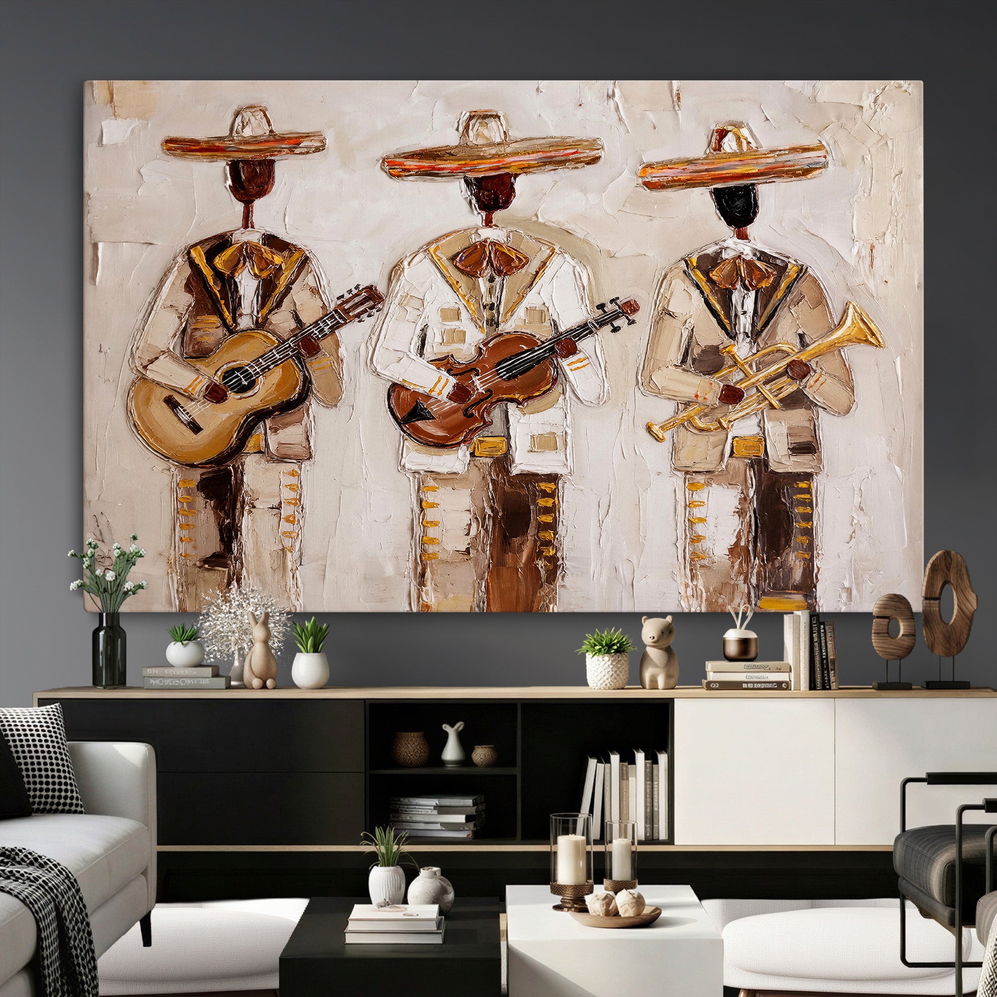 94602487-MGV-CV-36X24 - Mariachi Band Canvas Wall Art, Mexican Music Guitar Violin Trumpet Painting, Neutral Impasto Folk Art, Southwestern Boho Living Room Decor