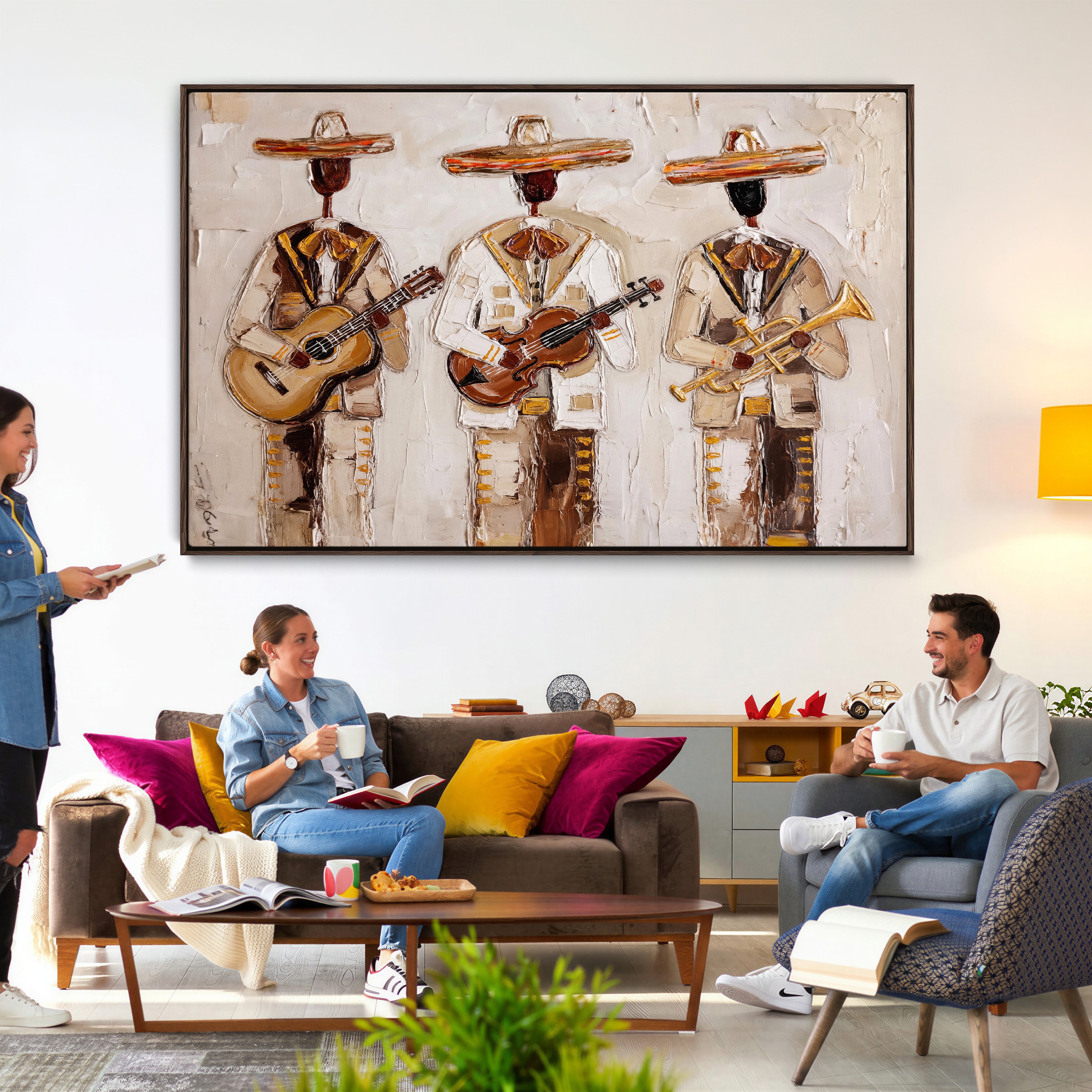 94602487-MGV-CV-36X24 - Mariachi Band Canvas Wall Art, Mexican Music Guitar Violin Trumpet Painting, Neutral Impasto Folk Art, Southwestern Boho Living Room Decor